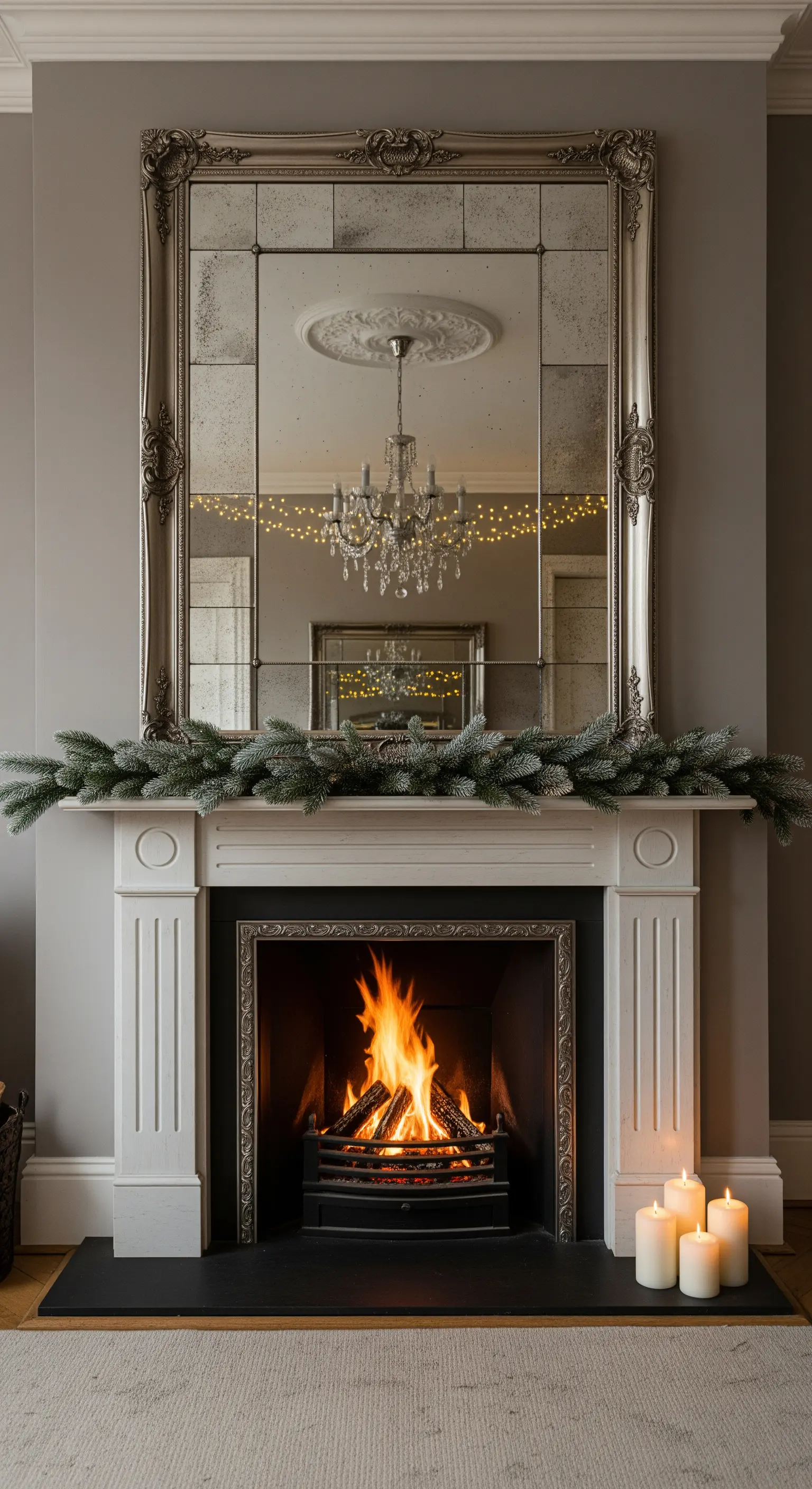 Großer Vintage-Spiegel über einem Kamin reflektiert eine Lichterkette in einer Girlande.