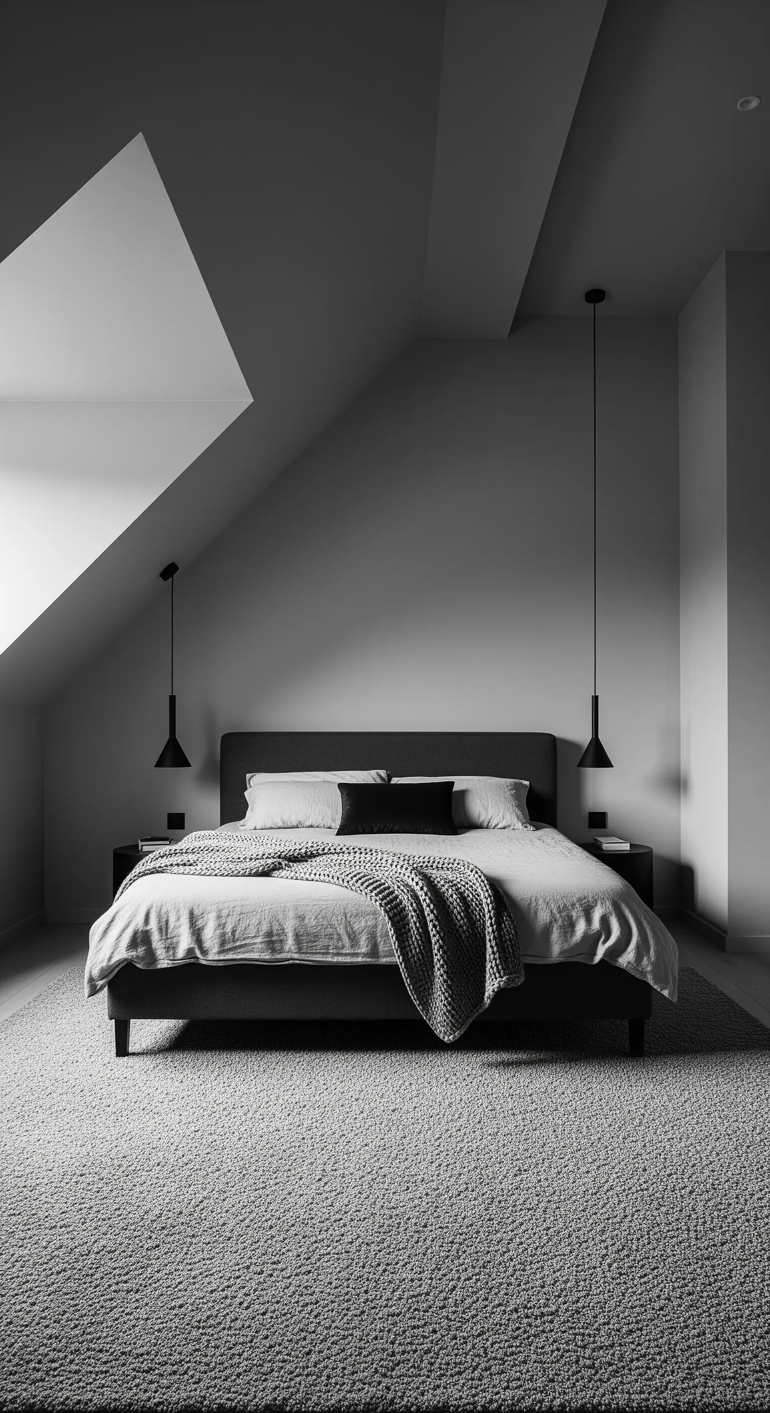 Dunkles, monochromes Schlafzimmer mit grauen Wänden und hängenden Pendelleuchten über dem Bett.