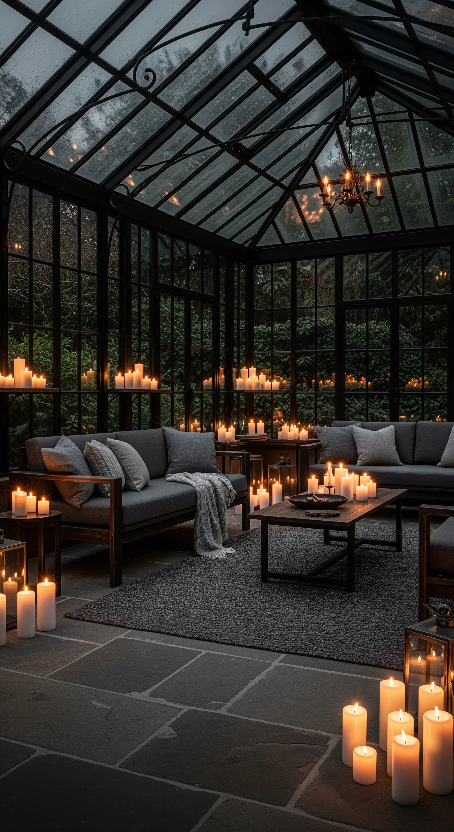 Dramatischer Wintergarten bei Nacht, beleuchtet von unzähligen Kerzen.