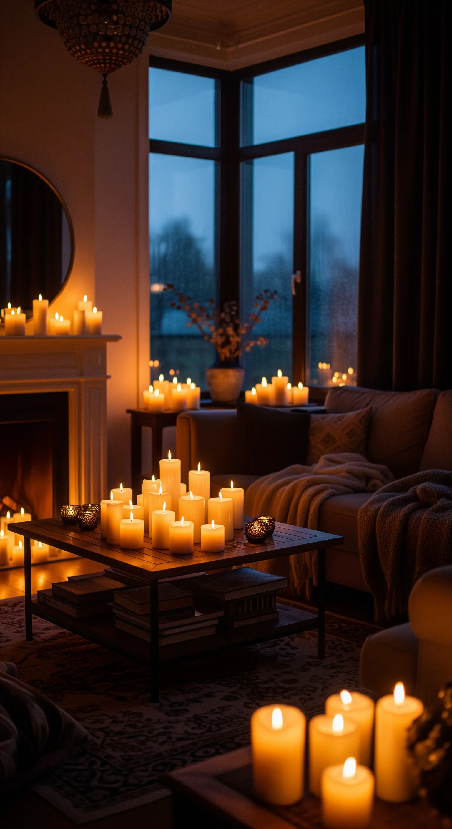 Wohnzimmer im Dämmerlicht, stimmungsvoll beleuchtet von unzähligen Kerzen.