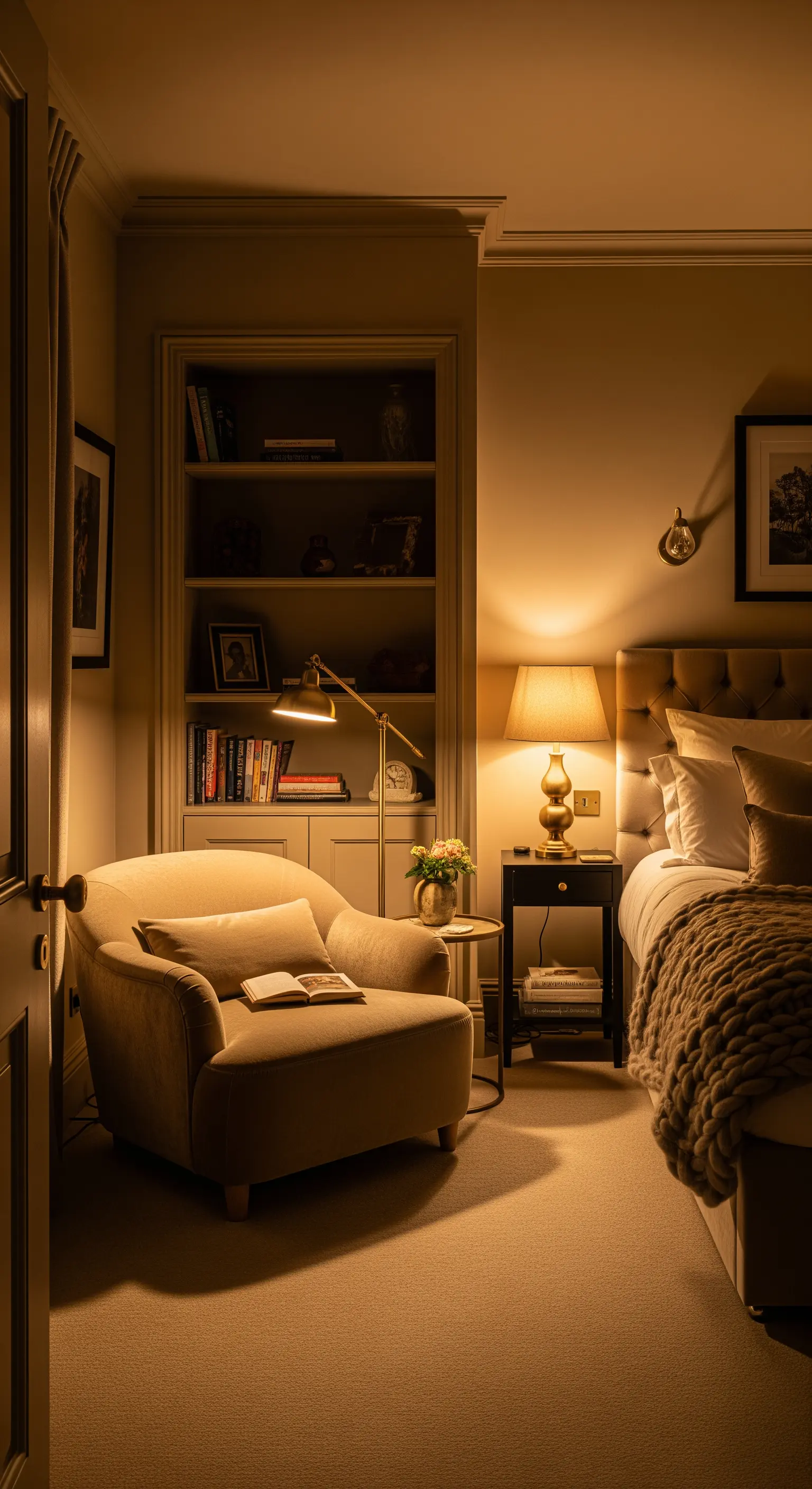 Gemütliche Leseecke im Schlafzimmer mit gezielter Beleuchtung durch mehrere Lampen.