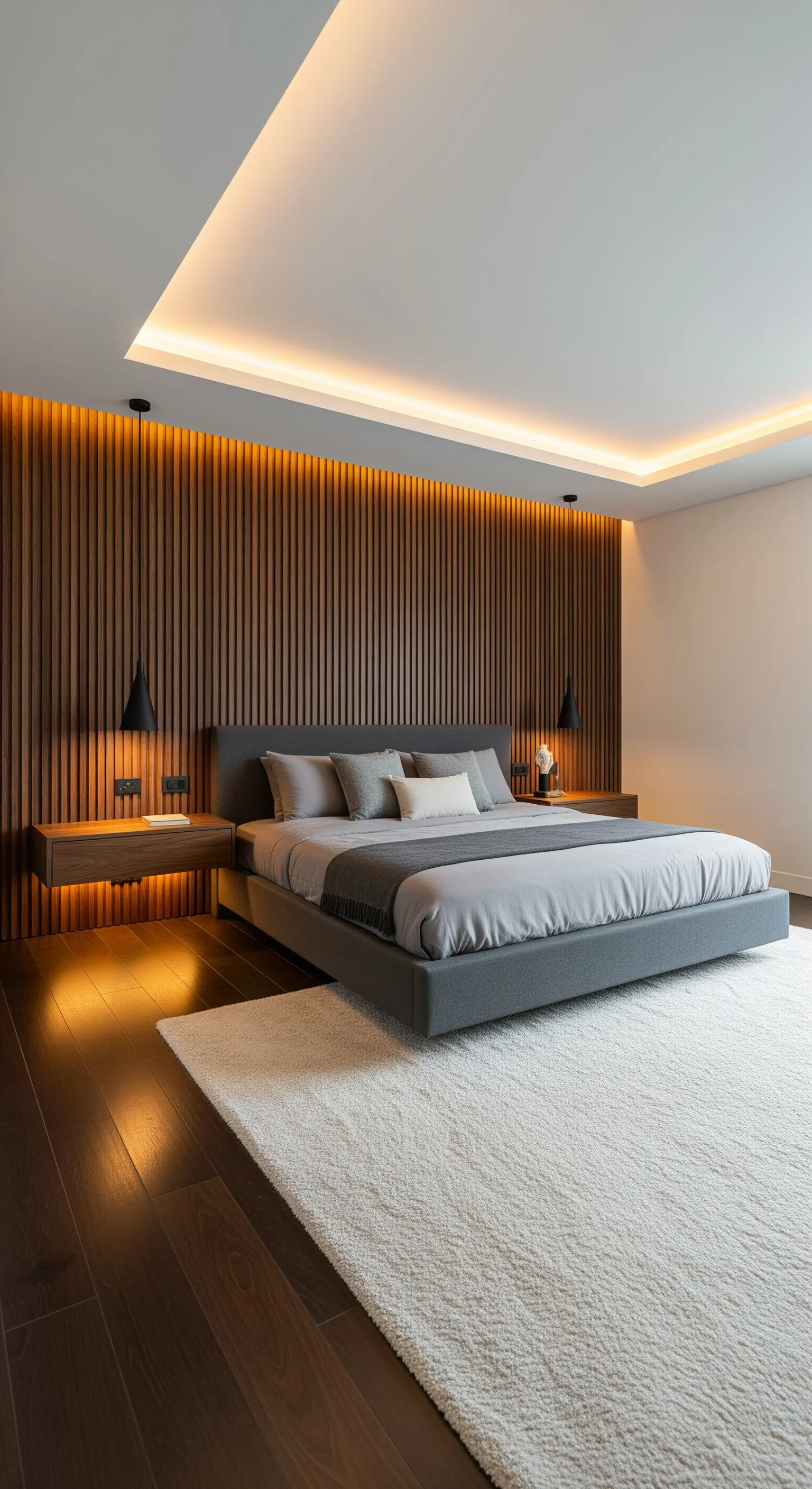 Luxuriöses Schlafzimmer mit vertikaler Holzwand und indirekter LED-Beleuchtung.