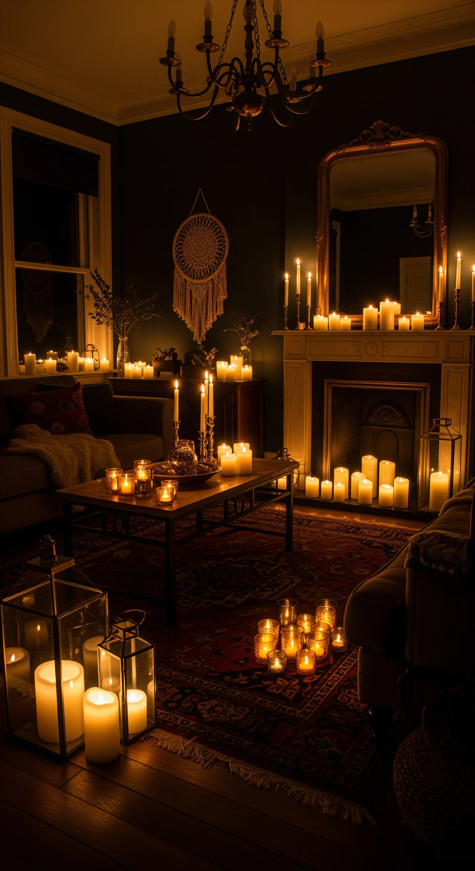 Dunkles Wohnzimmer, das ausschließlich von Dutzenden Kerzen erleuchtet wird
