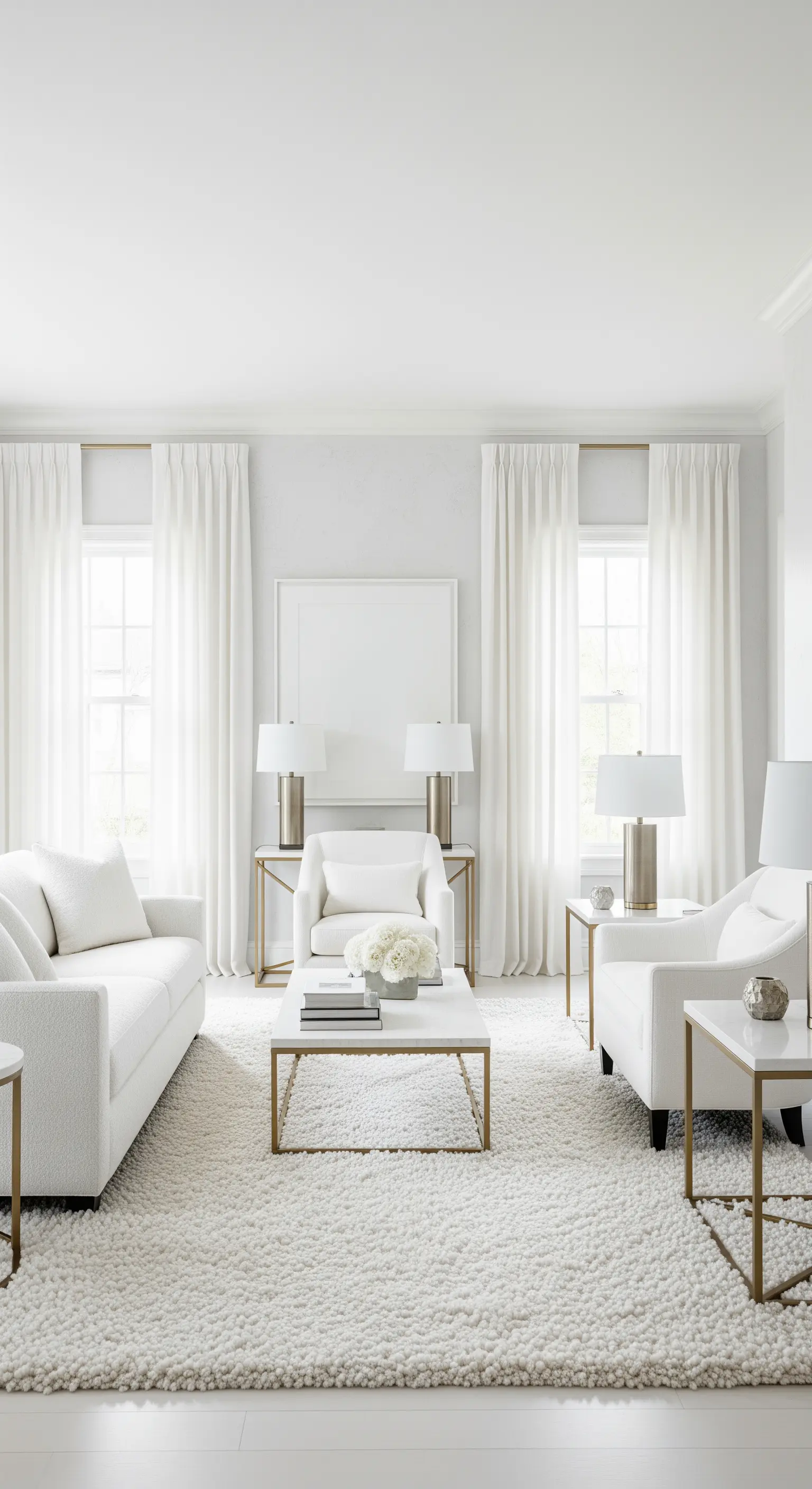 Helles, komplett weißes Wohnzimmer mit einem hochflorigen, texturierten Teppich.