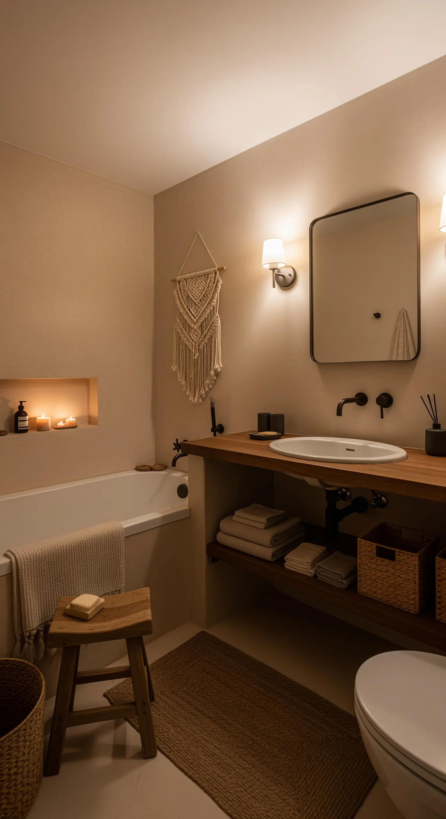 Stimmungsvolles Boho-Badezimmer mit Kerzenlicht in einer Nische und Holzdetails.