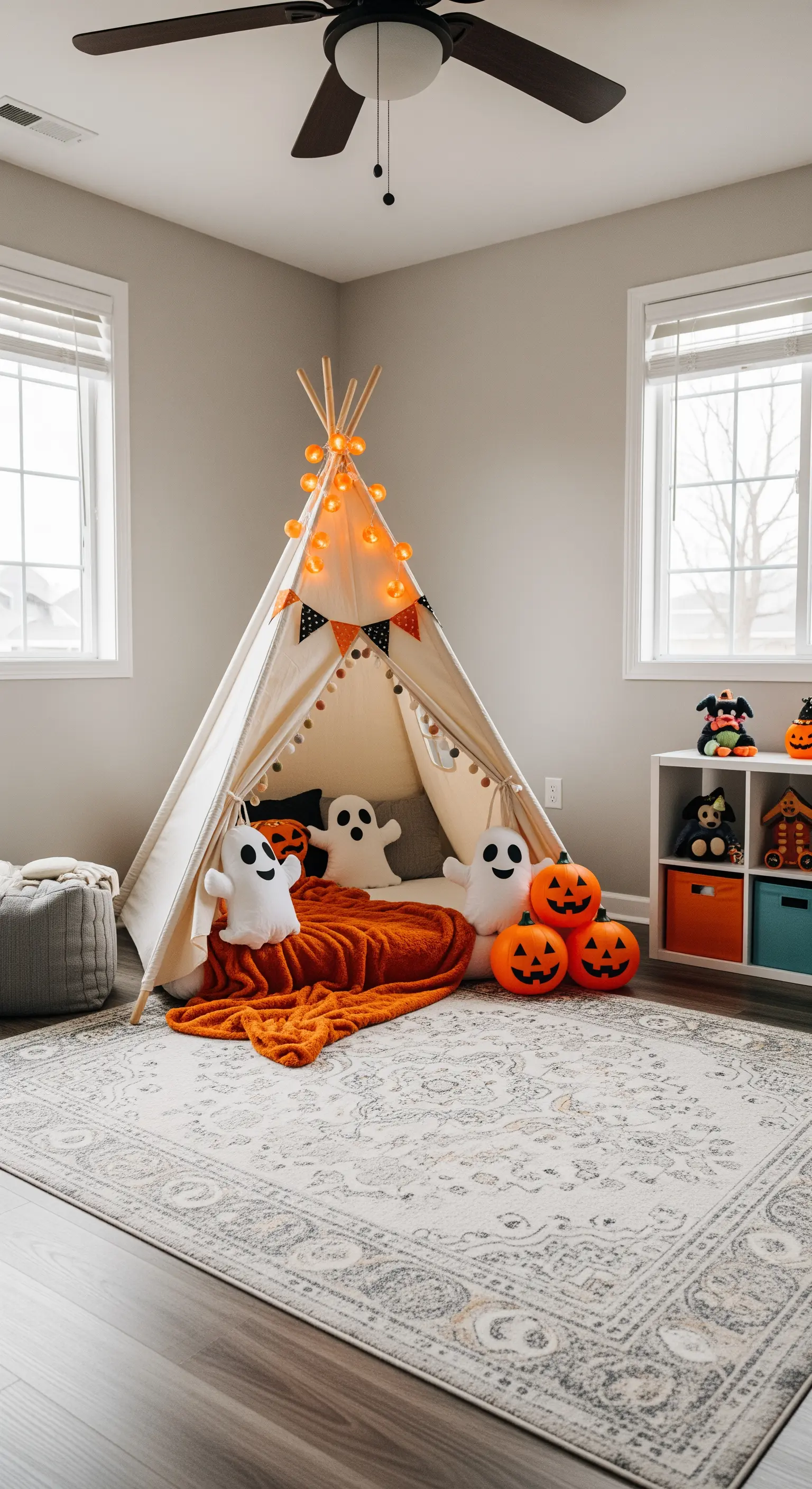 Ein Spiel-Tipi im Kinderzimmer, das mit Lichterketten, einer orangen Decke und Halloween-Kissen geschmückt ist.