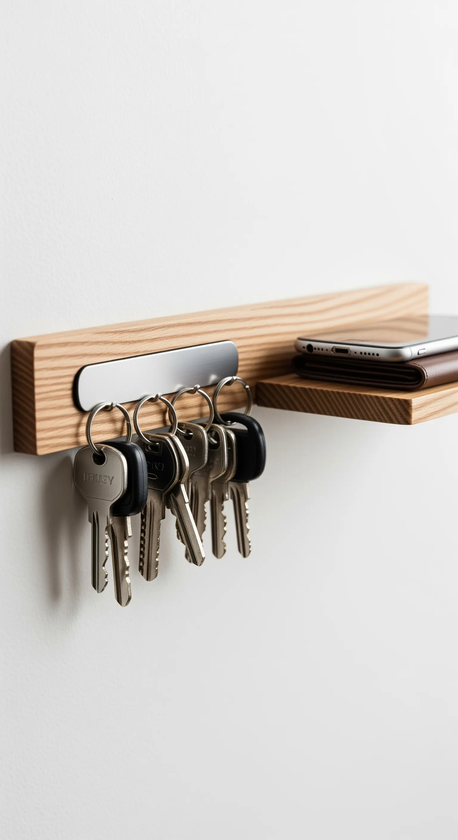 Magnetische Schlüssel-Leiste aus Holz mit kleiner Ablage für ein Smartphone