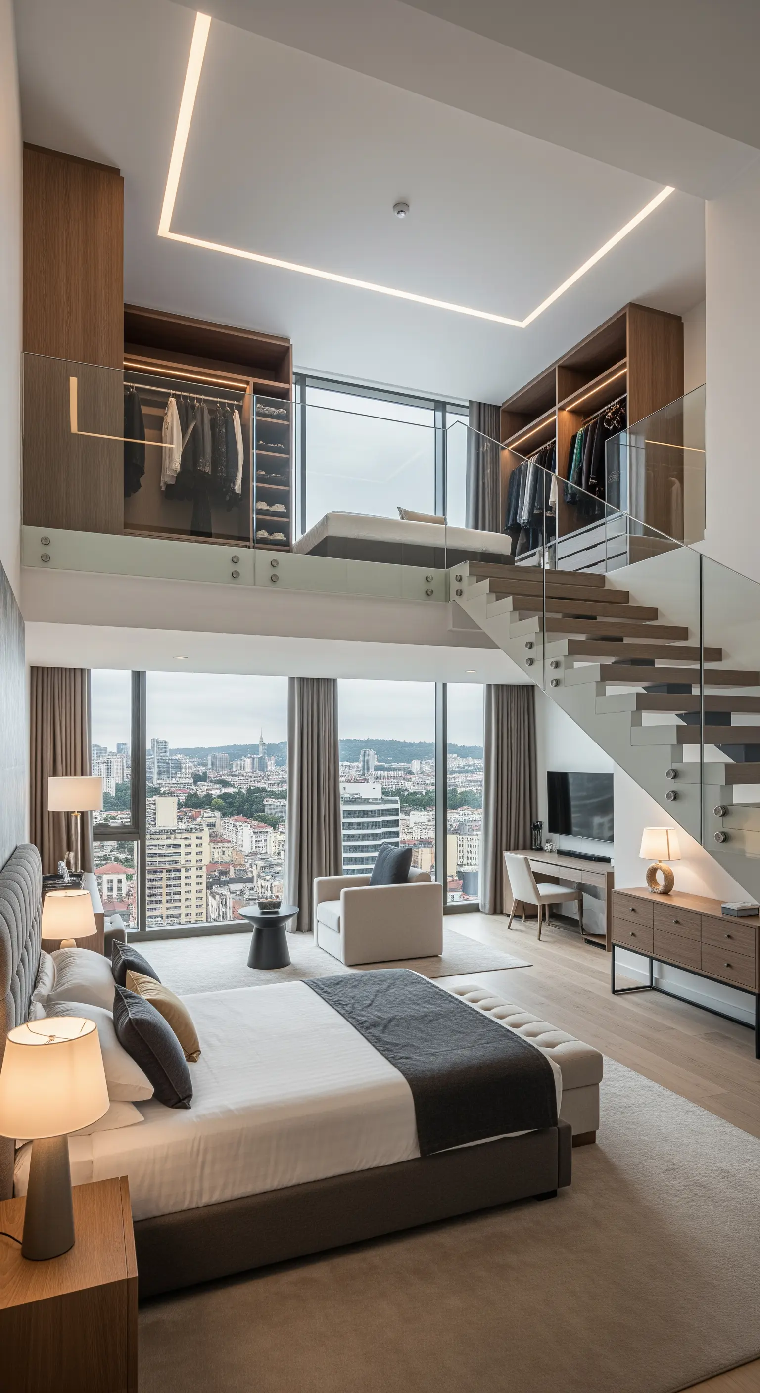 Moderne Maisonette-Wohnung mit Schlafbereich und Kleiderschränken auf einer oberen Galerie