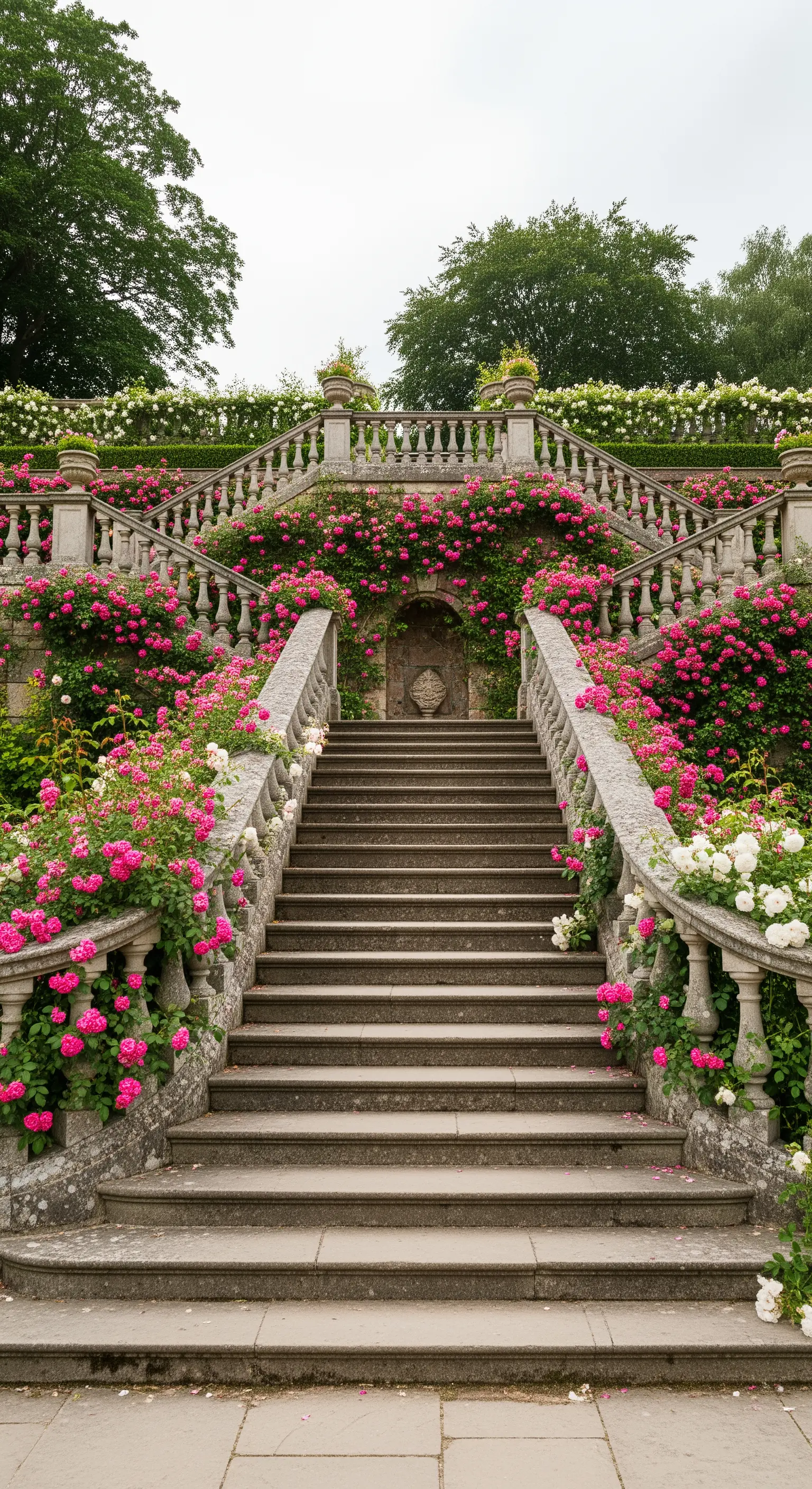 Imposante Steintreppe, die von üppigen rosa und weißen Kletterrosen flankiert wird