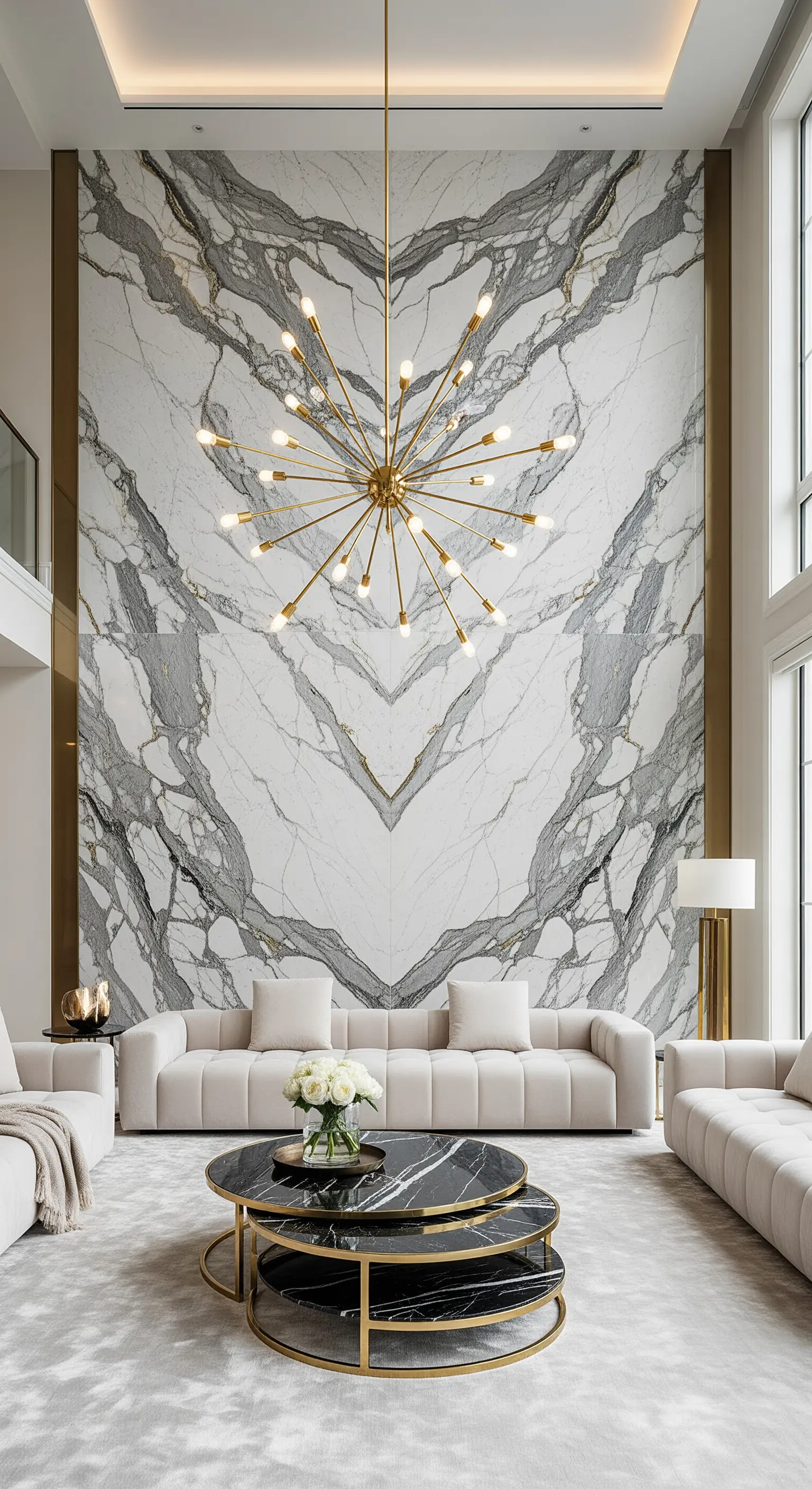 Wohnzimmer mit hoher, gemaserter Marmorwand und goldenem Sputnik-Kronleuchter.