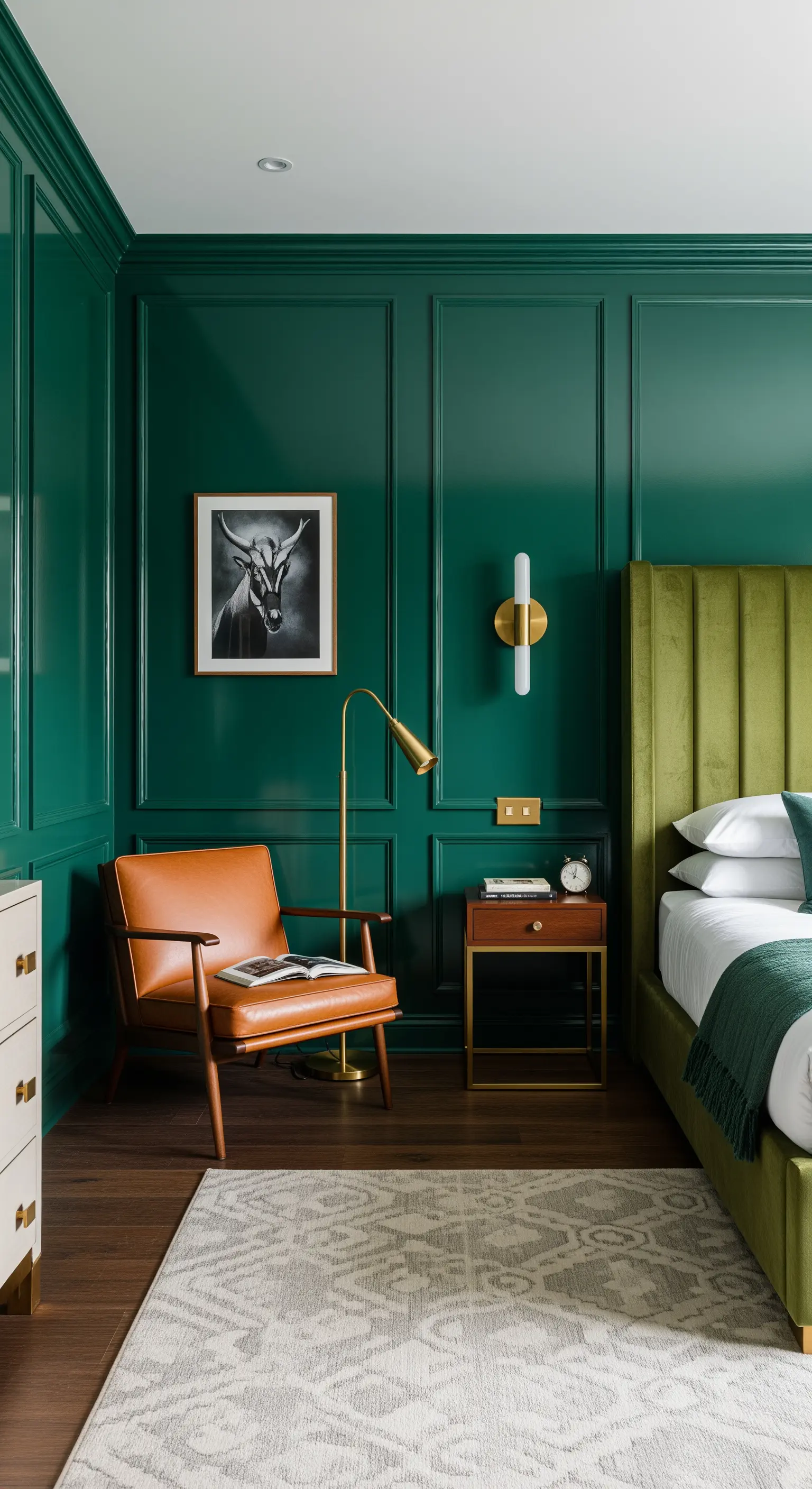 Dunkelgrüne Wandvertäfelung hinter einem braunen Ledersessel in einer Leseecke.