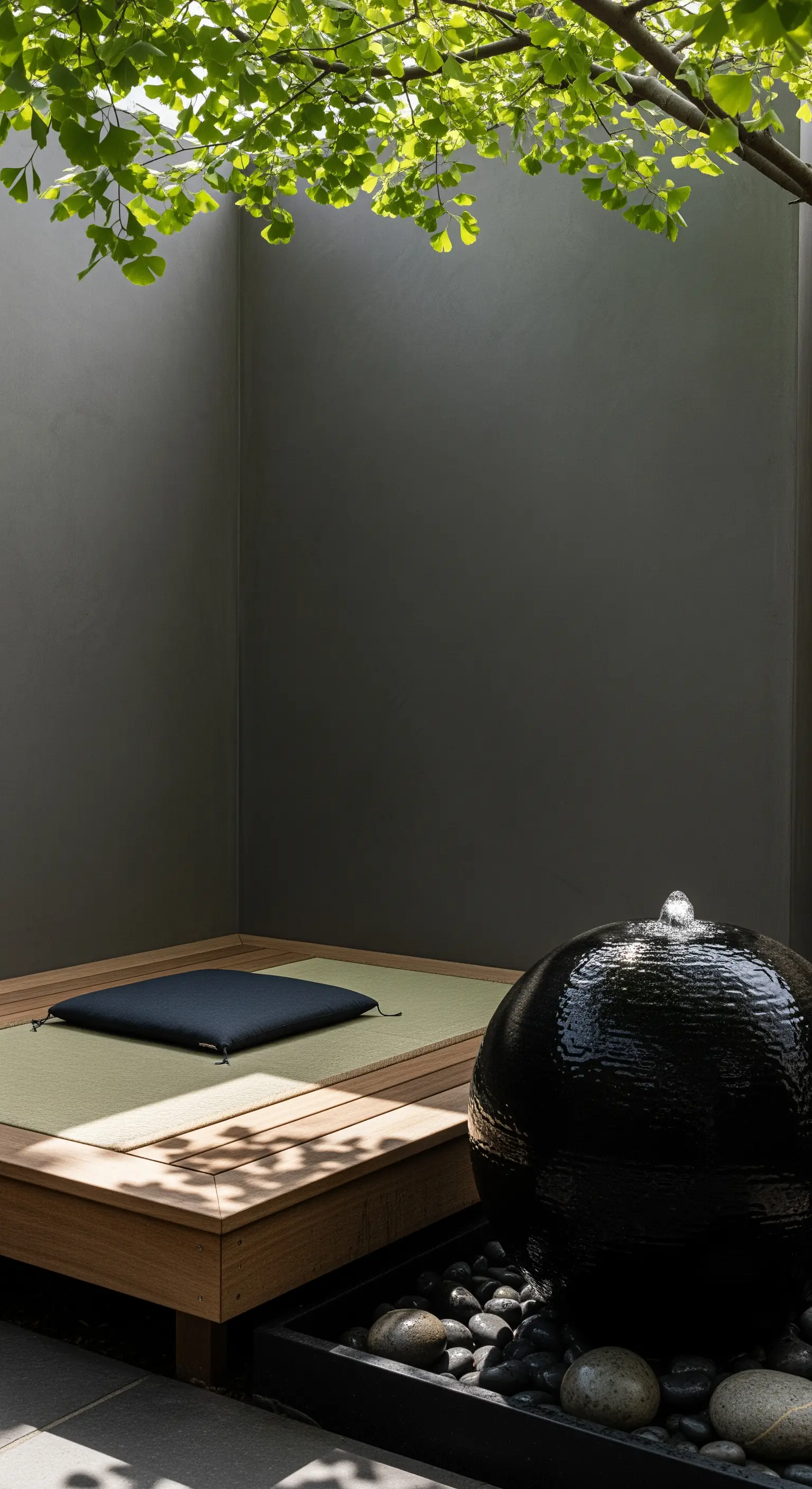 Minimalistische Meditationsecke mit Holzpodest, Sitzkissen und einem schwarzen Kugelbrunnen.