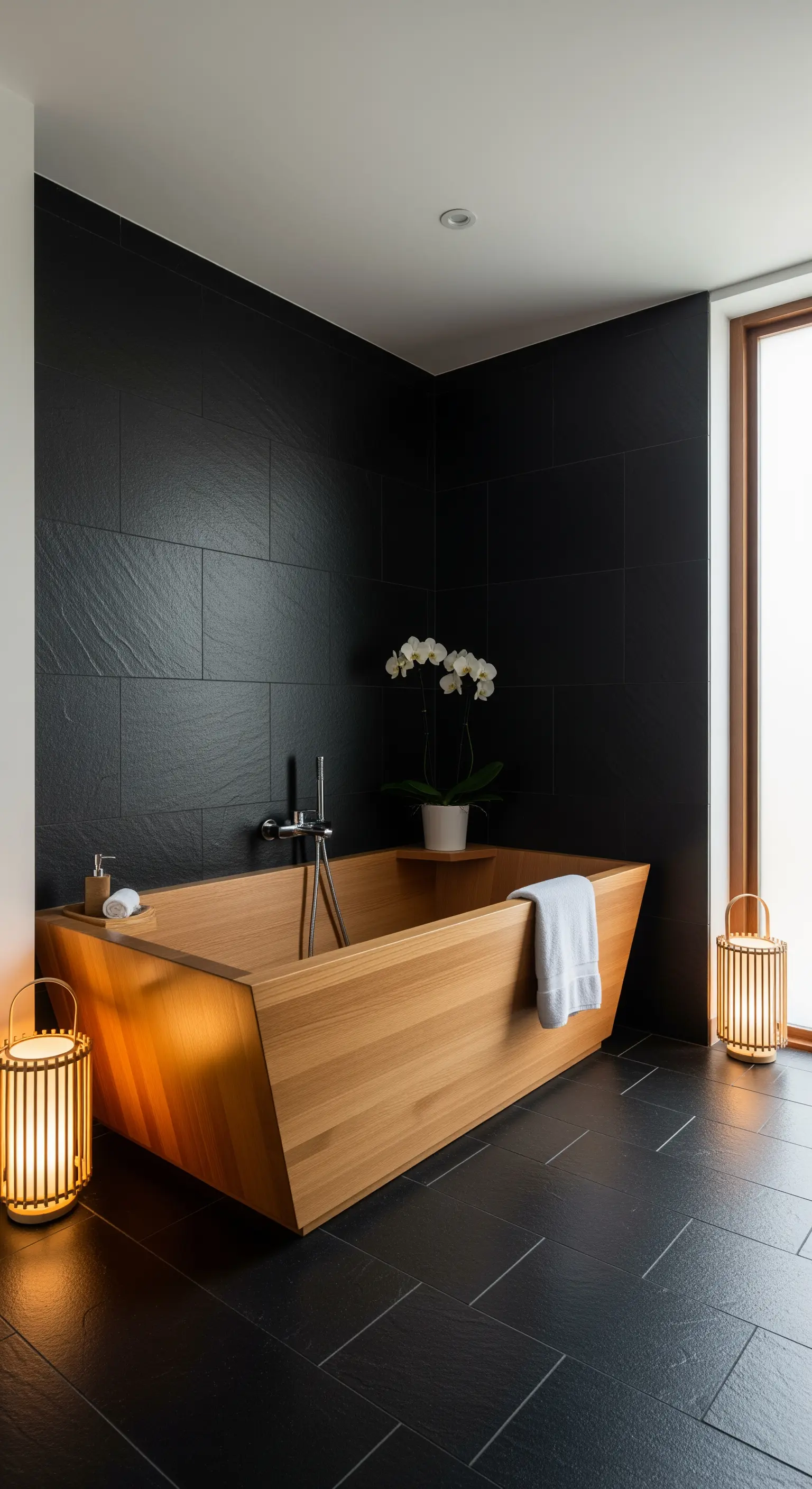 Geometrische Holzbadewanne auf dunklen Schieferfliesen, dekoriert mit einer Orchidee und Laternen.