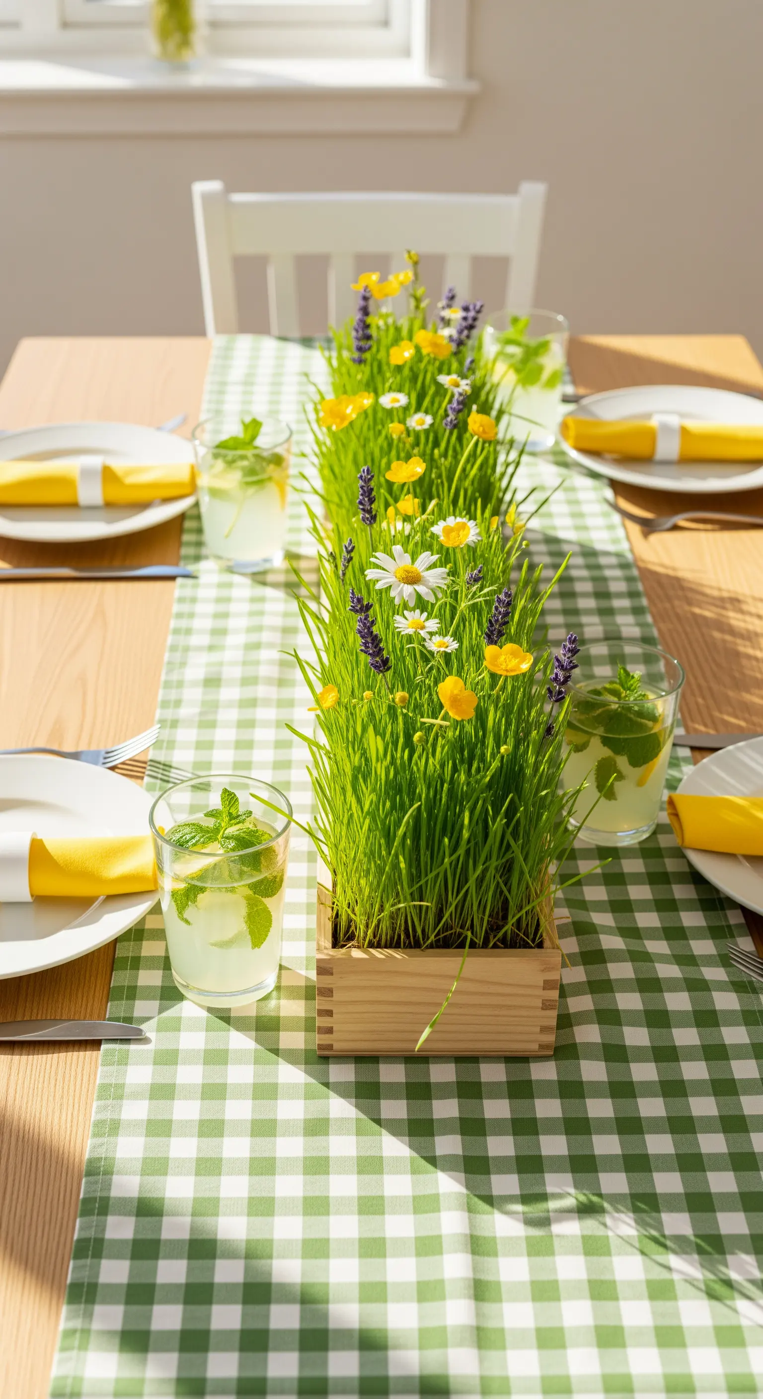 Eine kleine Wiese mit Gras und Wildblumen in einer Holzkiste als Tischdeko