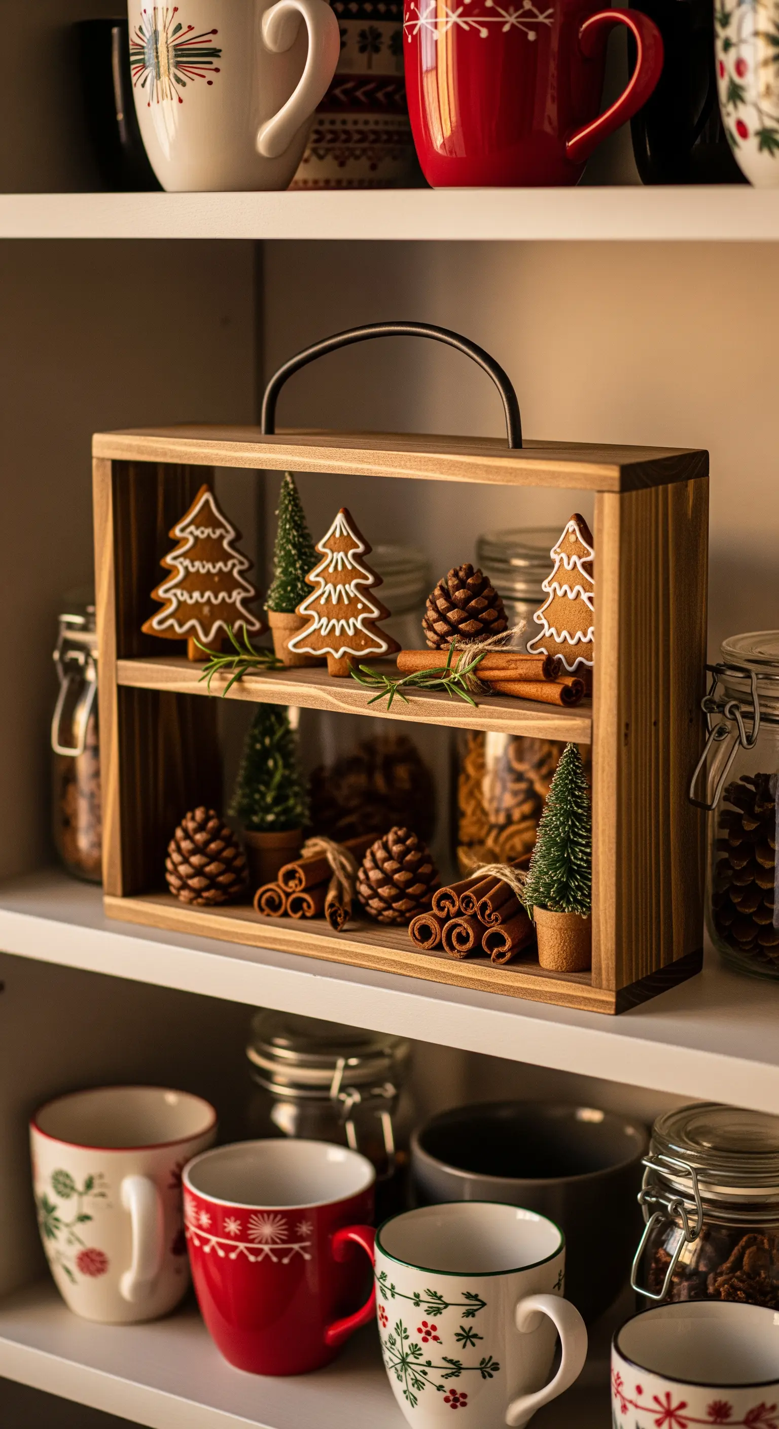 Holzkiste im Regal als Etagere mit Lebkuchen-Tannenbäumen.