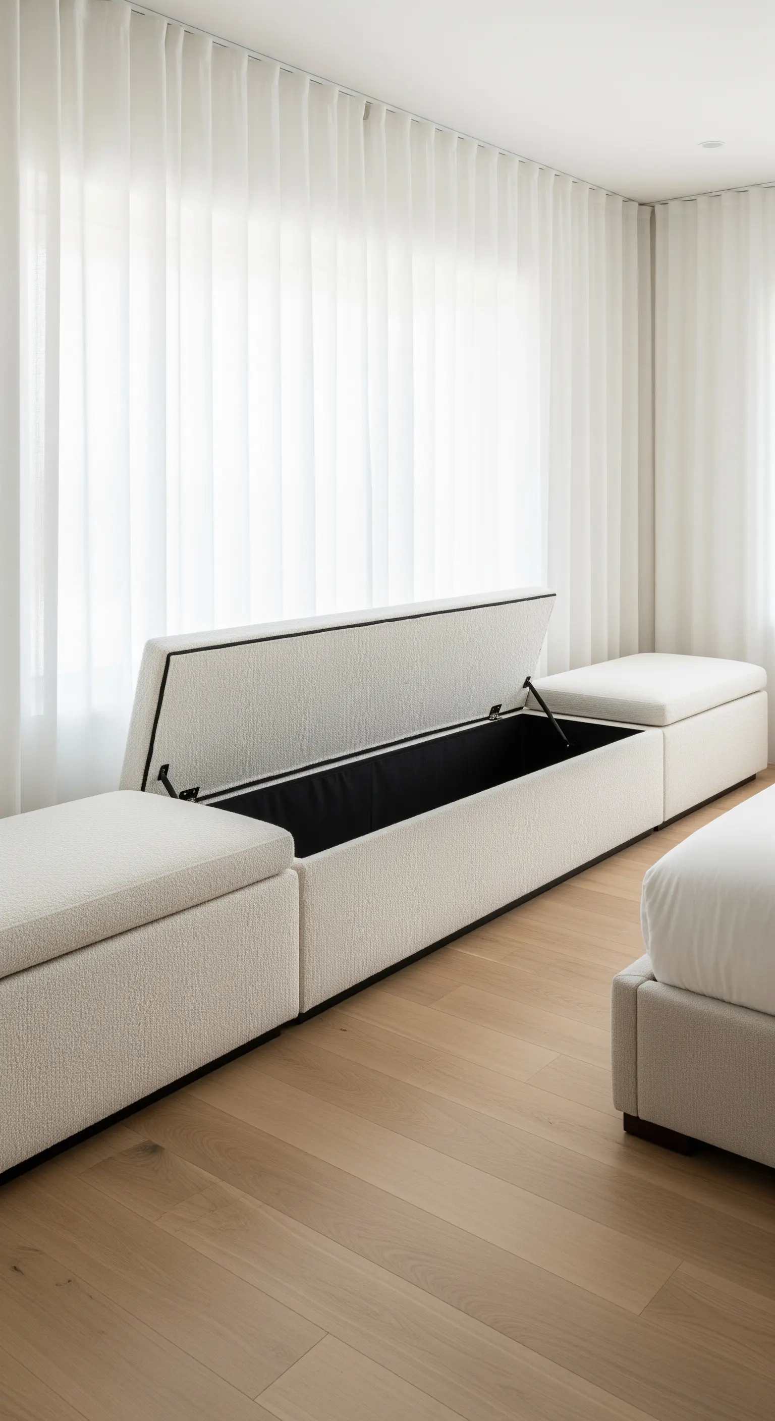 Minimalistisches Schlafzimmer mit einer langen weißen Bouclé-Bank mit integriertem Stauraum.