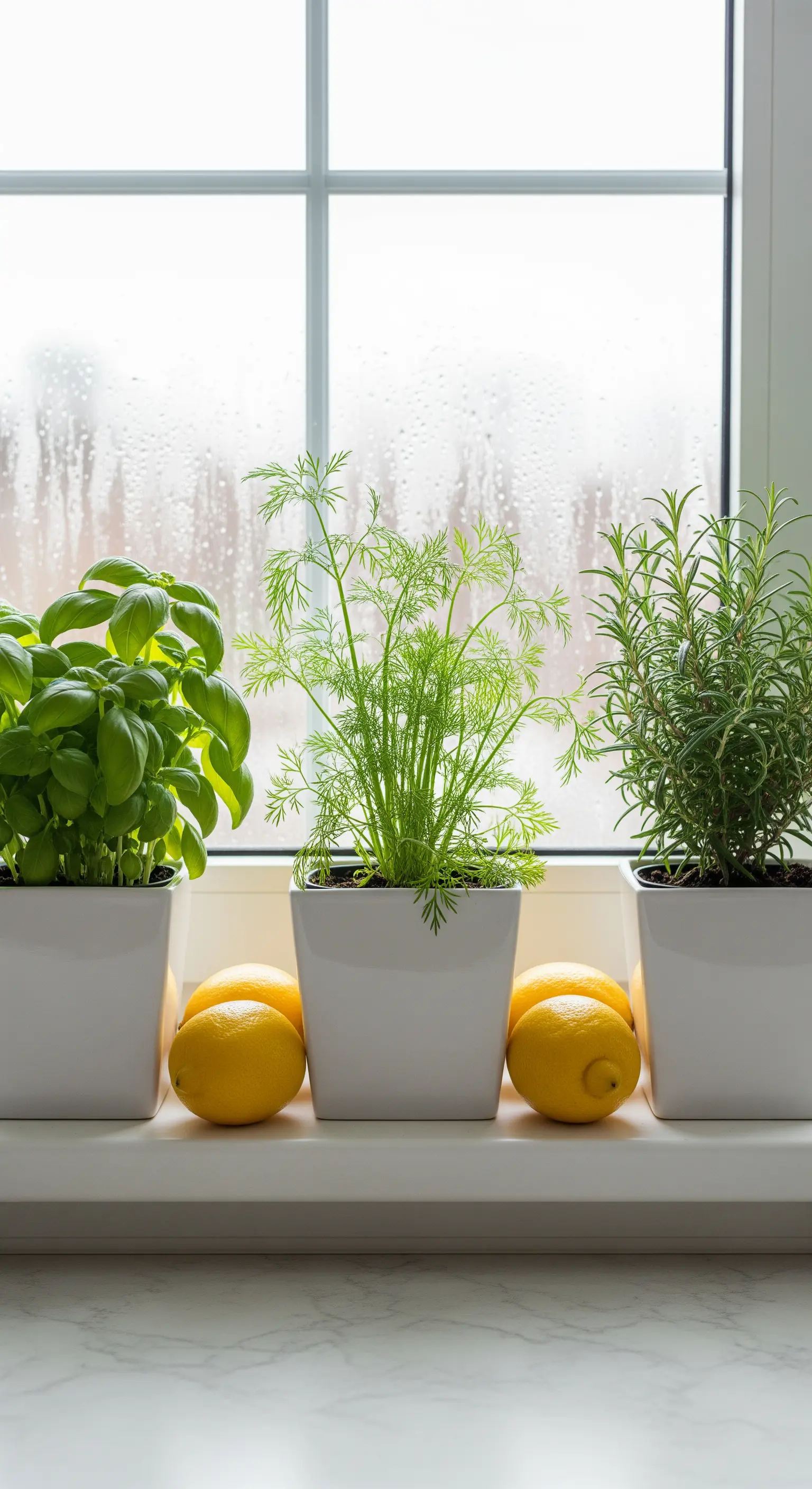 Drei weiße Kräutertöpfe auf einer Fensterbank, symmetrisch angeordnet mit Zitronen dazwischen.