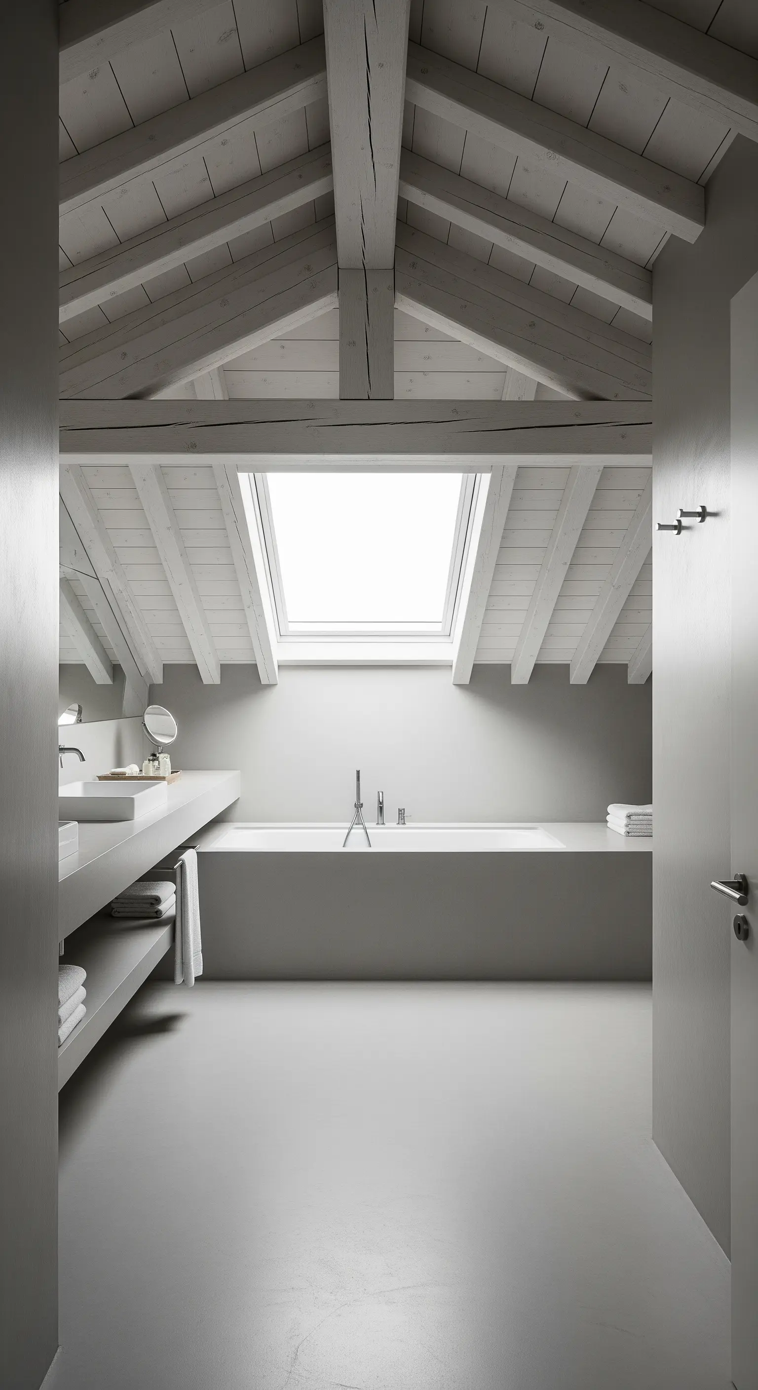 Helles, minimalistisches Dachgeschoss-Badezimmer in Grau- und Weißtönen mit großem Dachfenster.