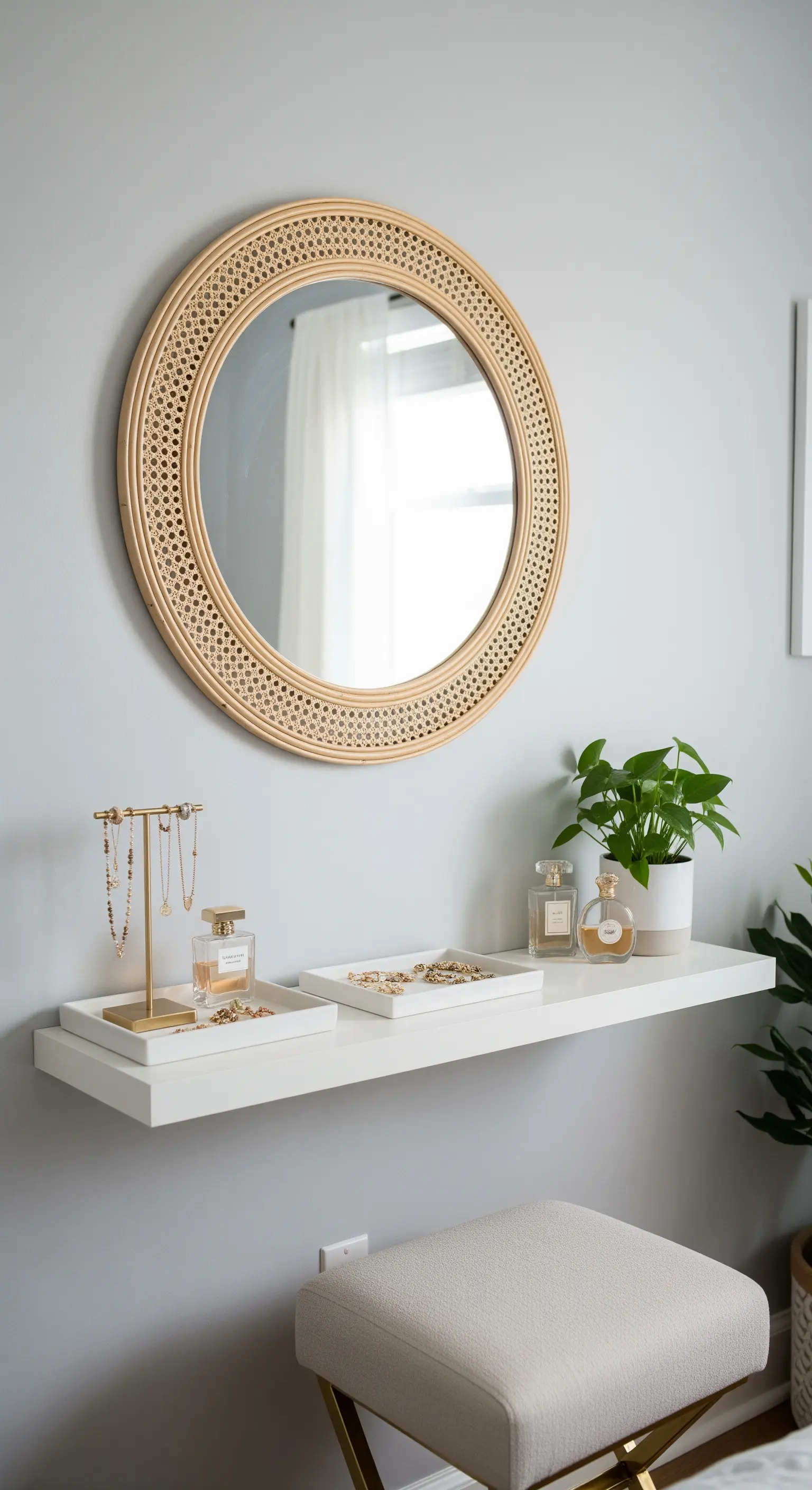 Minimalistischer Schminkplatz mit Schwebeboard, Rattan-Spiegel und goldenen Akzenten.