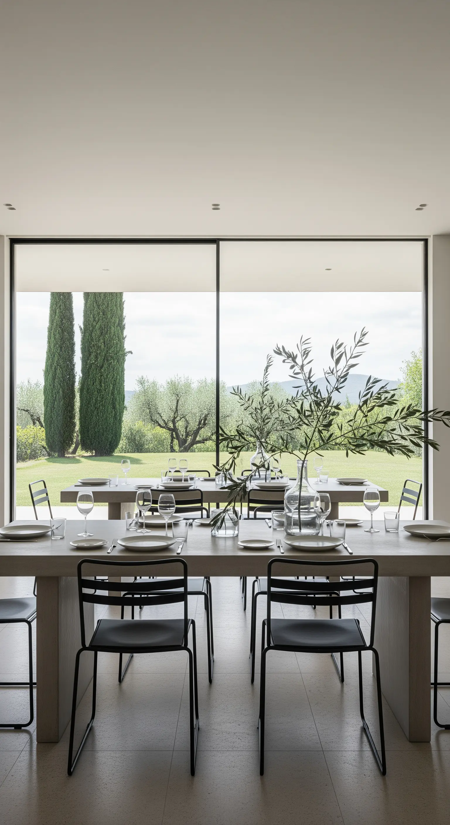 Minimalistisch gedeckter Esstisch mit einem Olivenzweig in einer Glasvase vor einem großen Panoramafenster