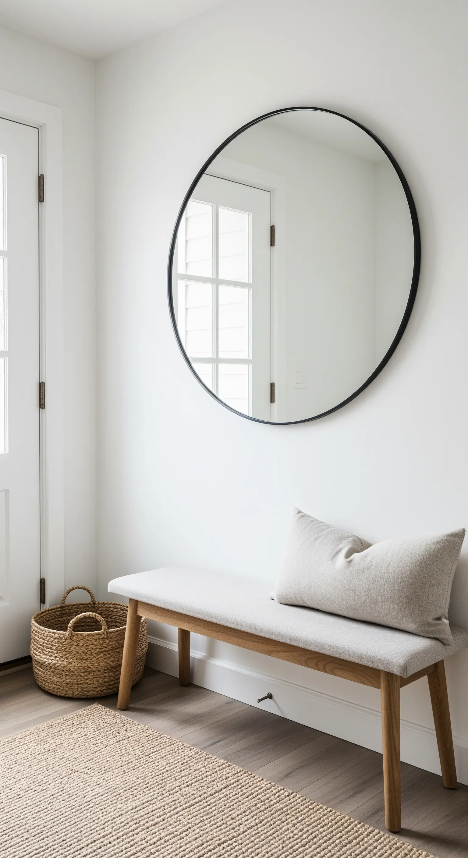 Minimalistischer Eingangsbereich mit heller Holzbank, rundem Spiegel und Jute-Teppich.