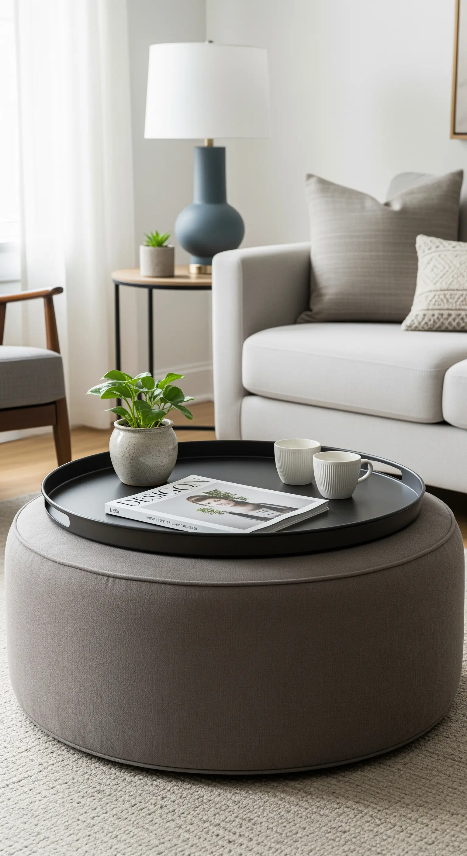 Ein großes, schwarzes Tablett auf einem grauen Polsterhocker dient als Couchtisch.