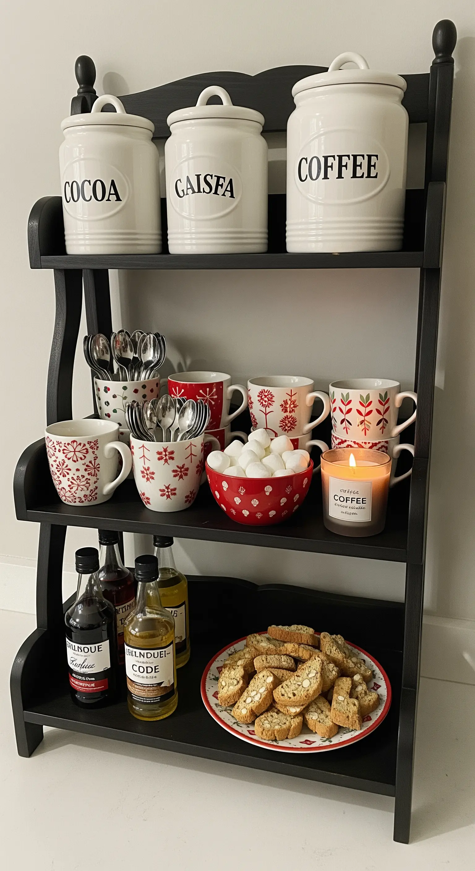 Schwarze Etagere als Kaffeebar mit Tassen, Vorratsdosen und Gebäck