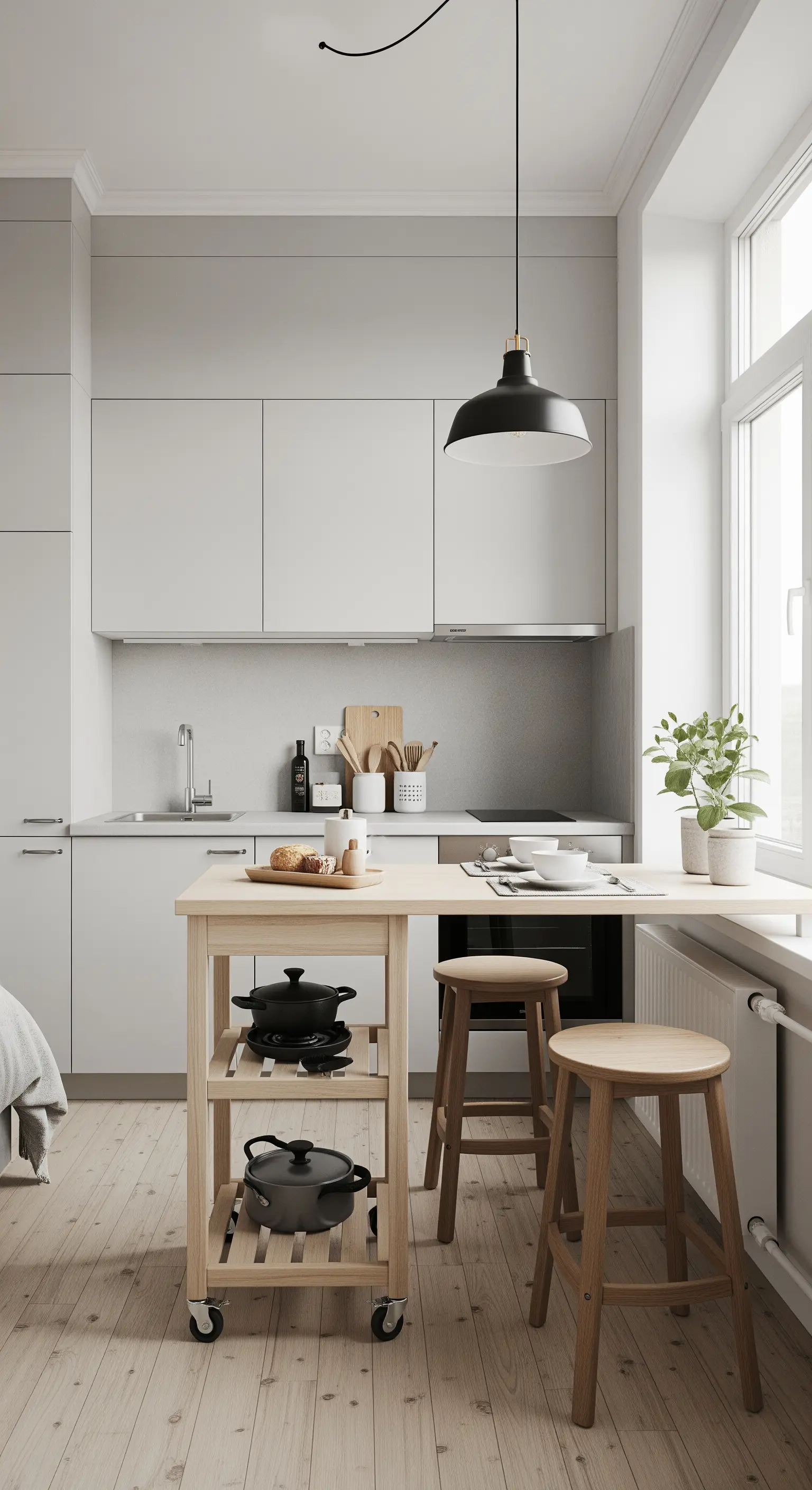 Kleiner Küchenwagen aus Holz auf Rollen, der als mobile Insel und Essplatz dient.