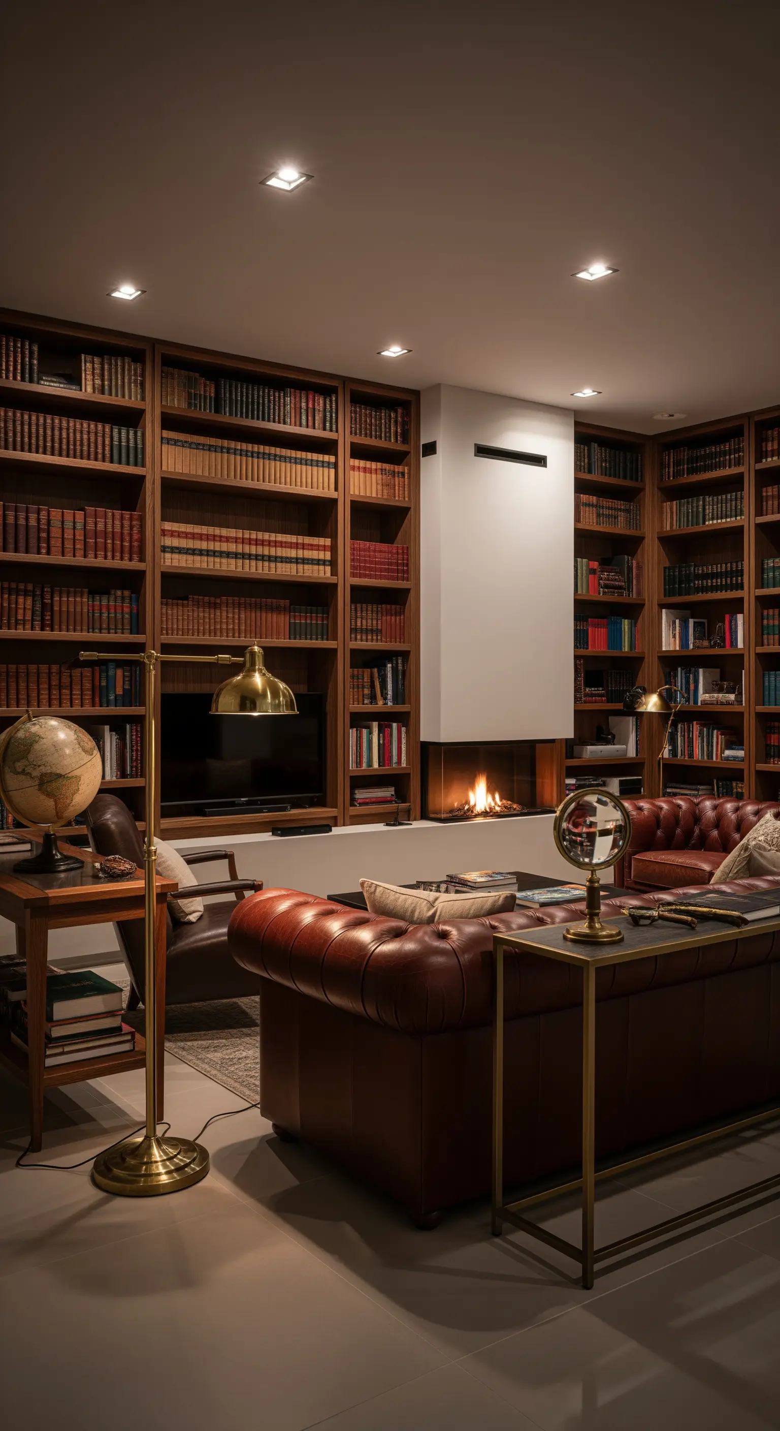 Klassisches Bibliotheks-Wohnzimmer mit Leder-Chesterfield-Sofa, Bücherwänden und Kamin.
