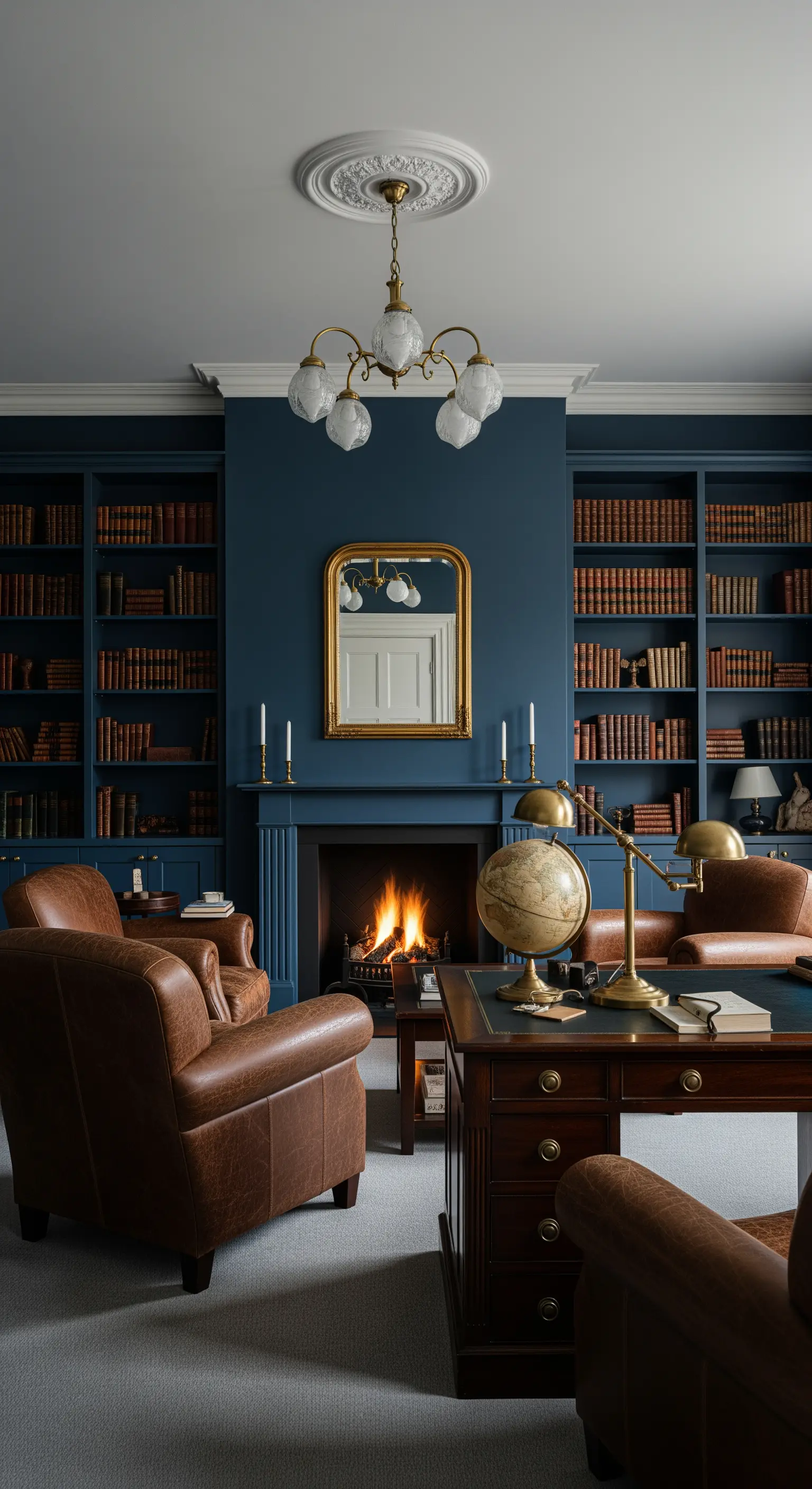 Klassische Bibliothek mit dunkelblauen Wänden und Bücherregalen, Ledersesseln und Kaminfeuer.