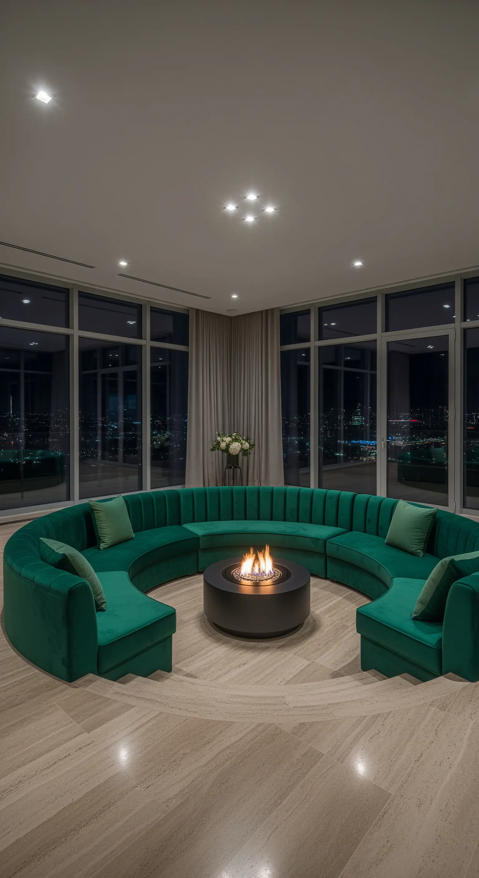 Rundes, smaragdgrünes Samtsofa, das eine moderne, runde Feuerstelle im Innenraum umschließt.