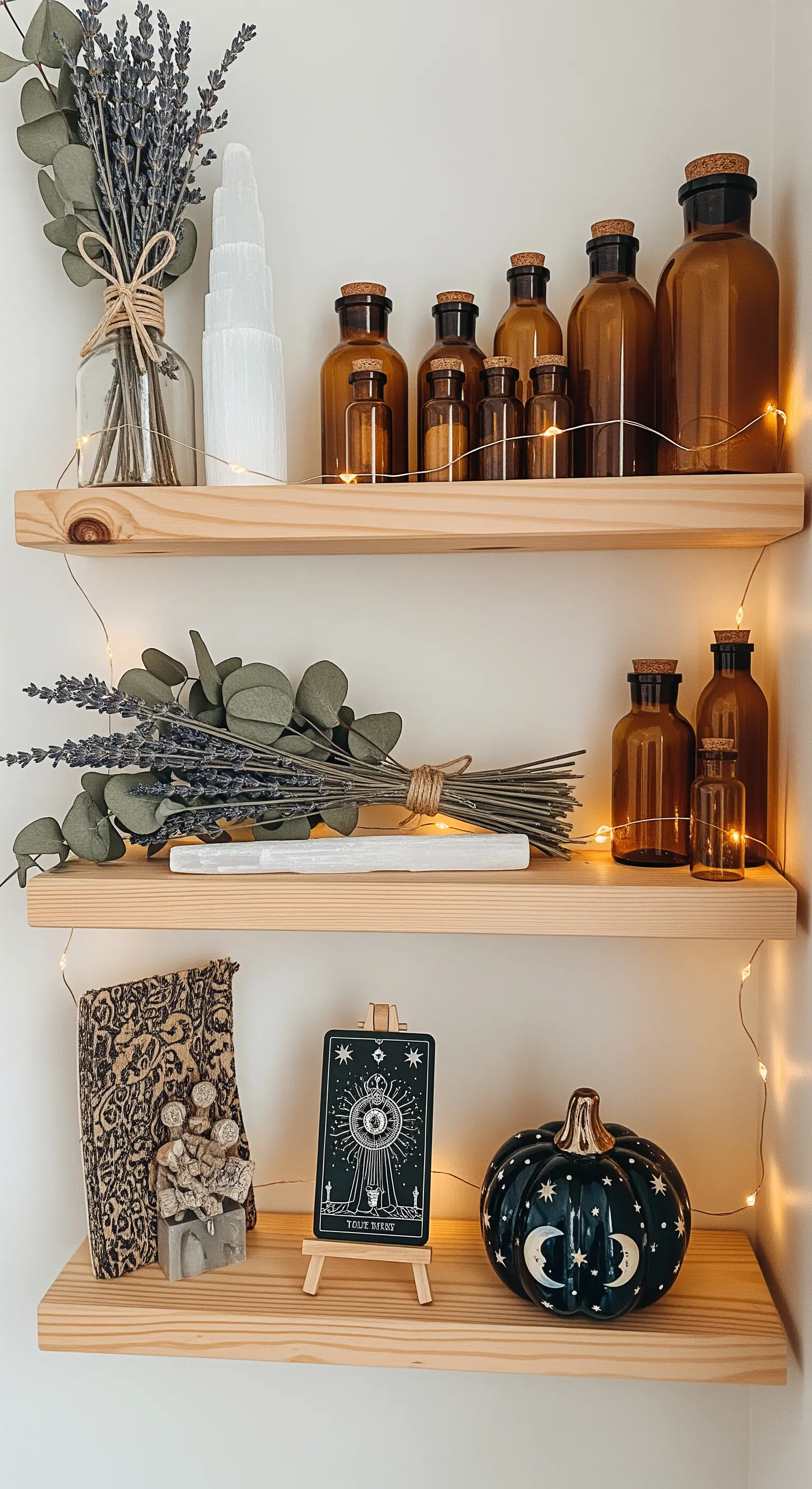 Boho-Halloween-Deko mit Apothekerflaschen, Trockenblumen und Lichterketten.