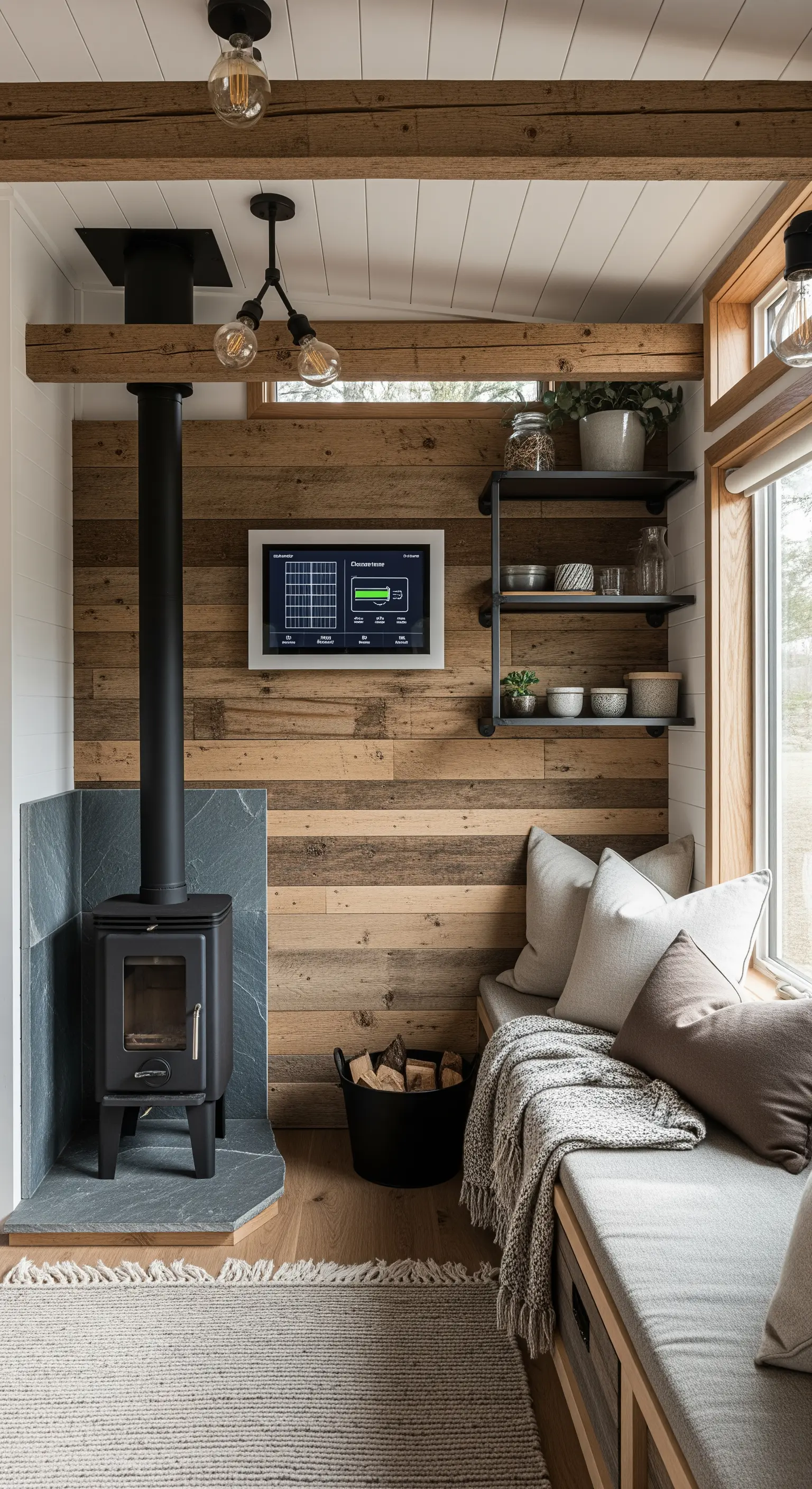 Rustikale Ecke mit Holzofen, Altholzwand und gemütlicher Sitzbank.