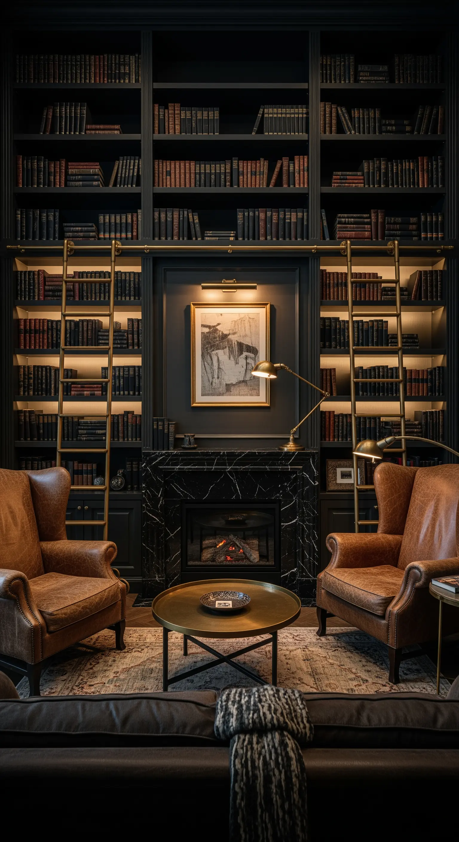 Dunkle, raumhohe Bibliothek mit integrierter Beleuchtung und Ledersesseln.