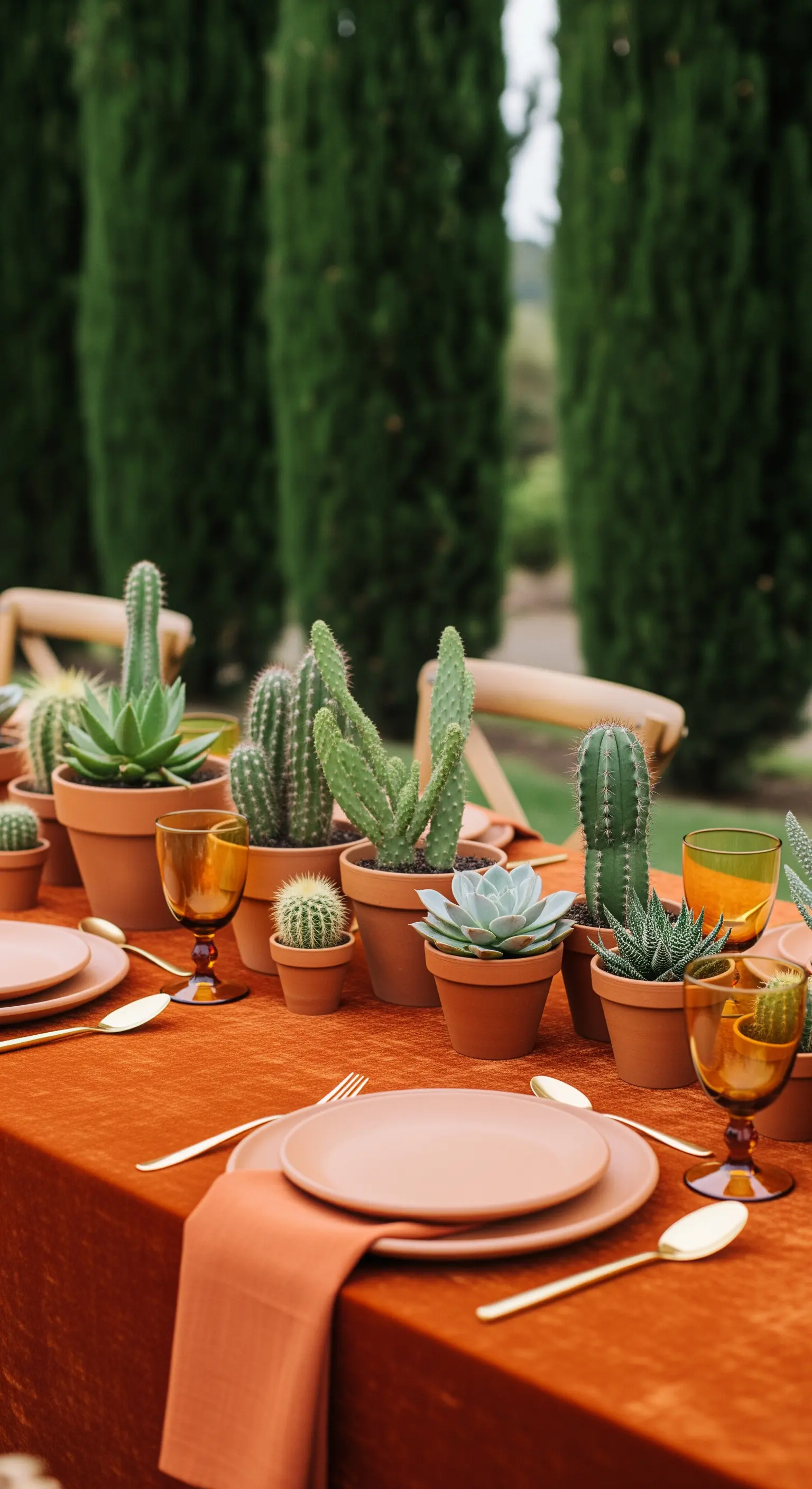 Moderne Tischdeko mit vielen kleinen Kakteen und Sukkulenten in Terrakotta-Töpfen auf oranger Tischdecke