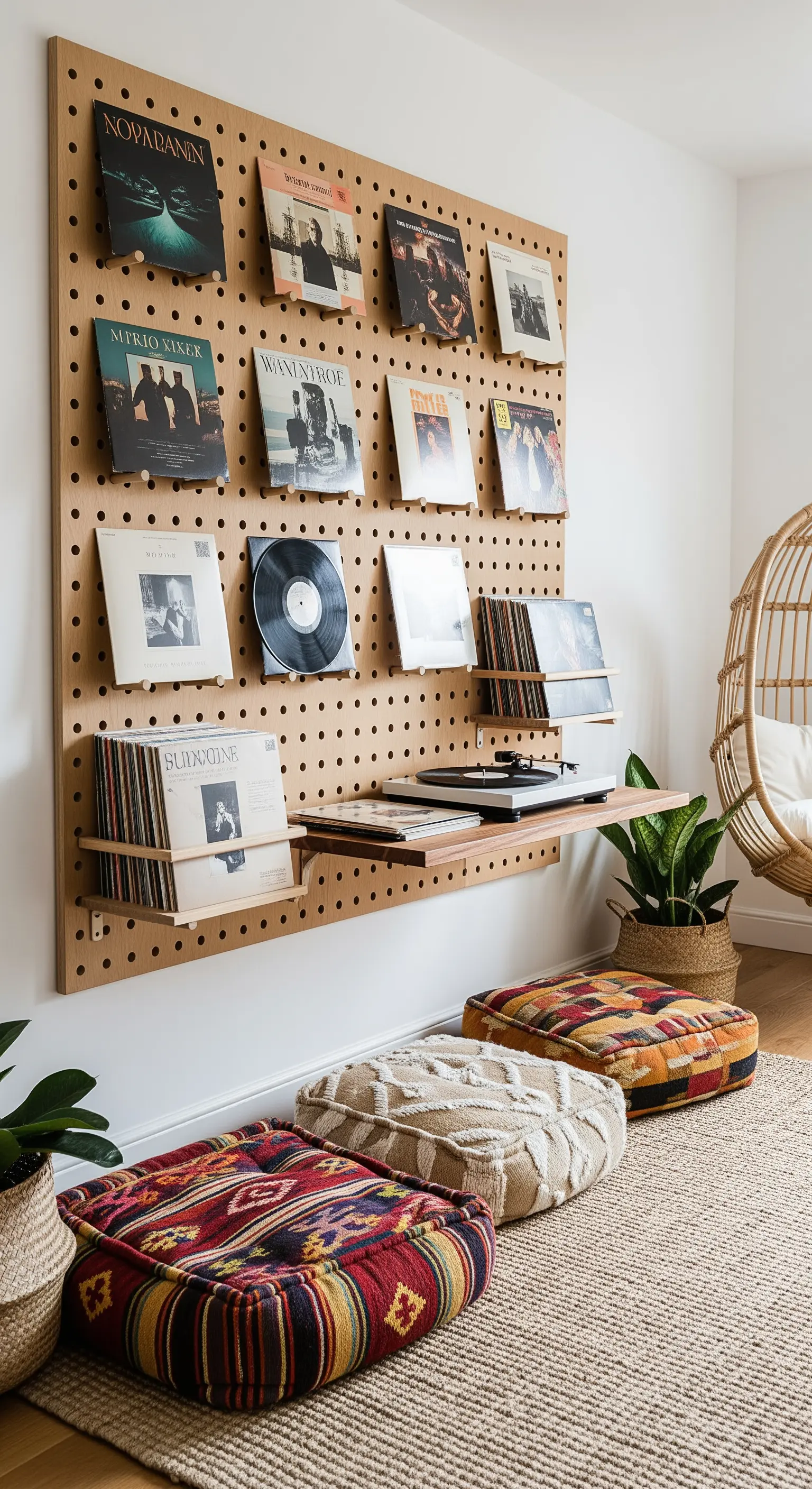 Plattensammlung und Plattenspieler an einer großen Lochwand (Pegboard) montiert
