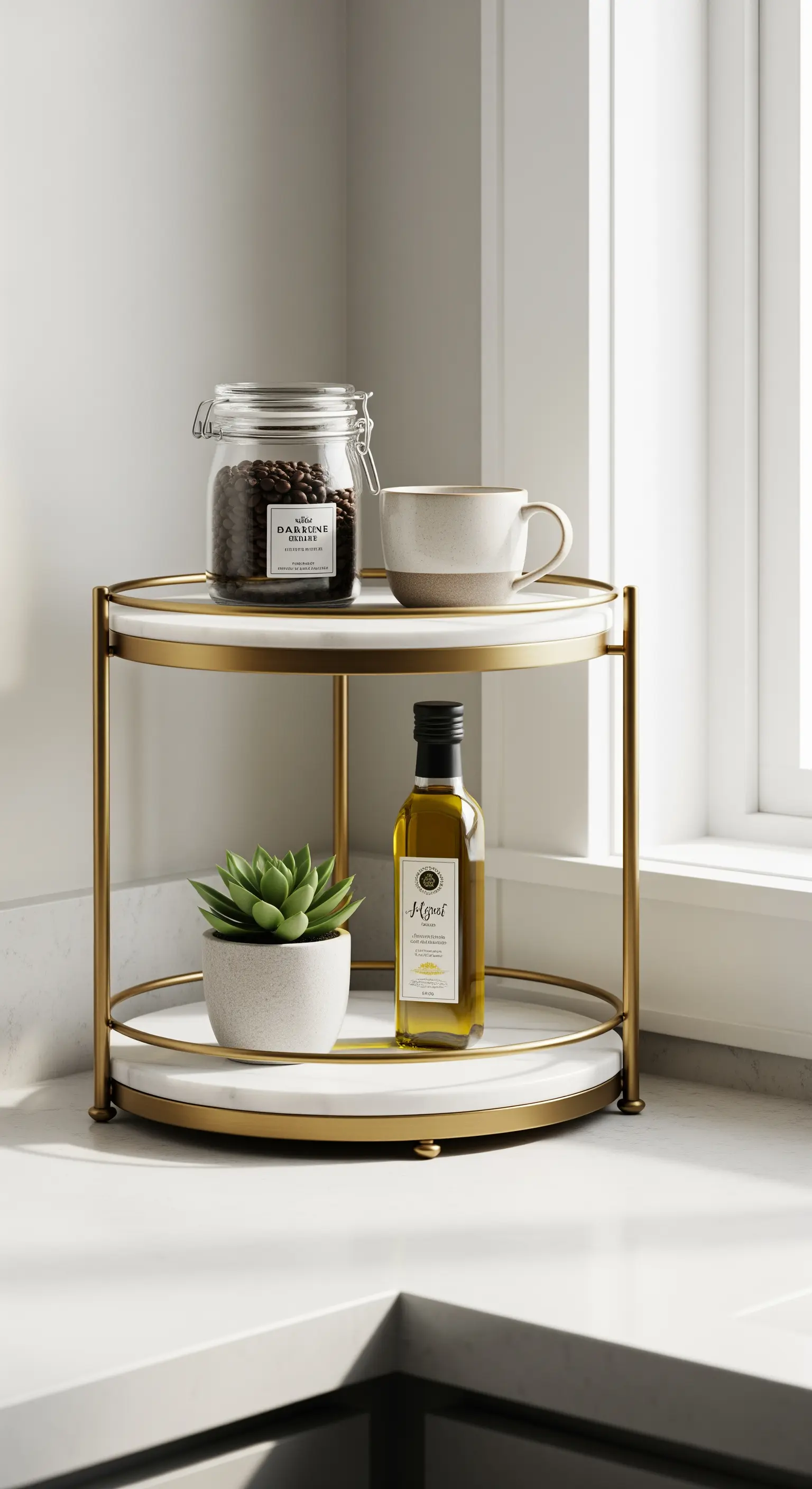 Elegante Etagere aus Marmor und Gold als Kaffeebar in der Küche.