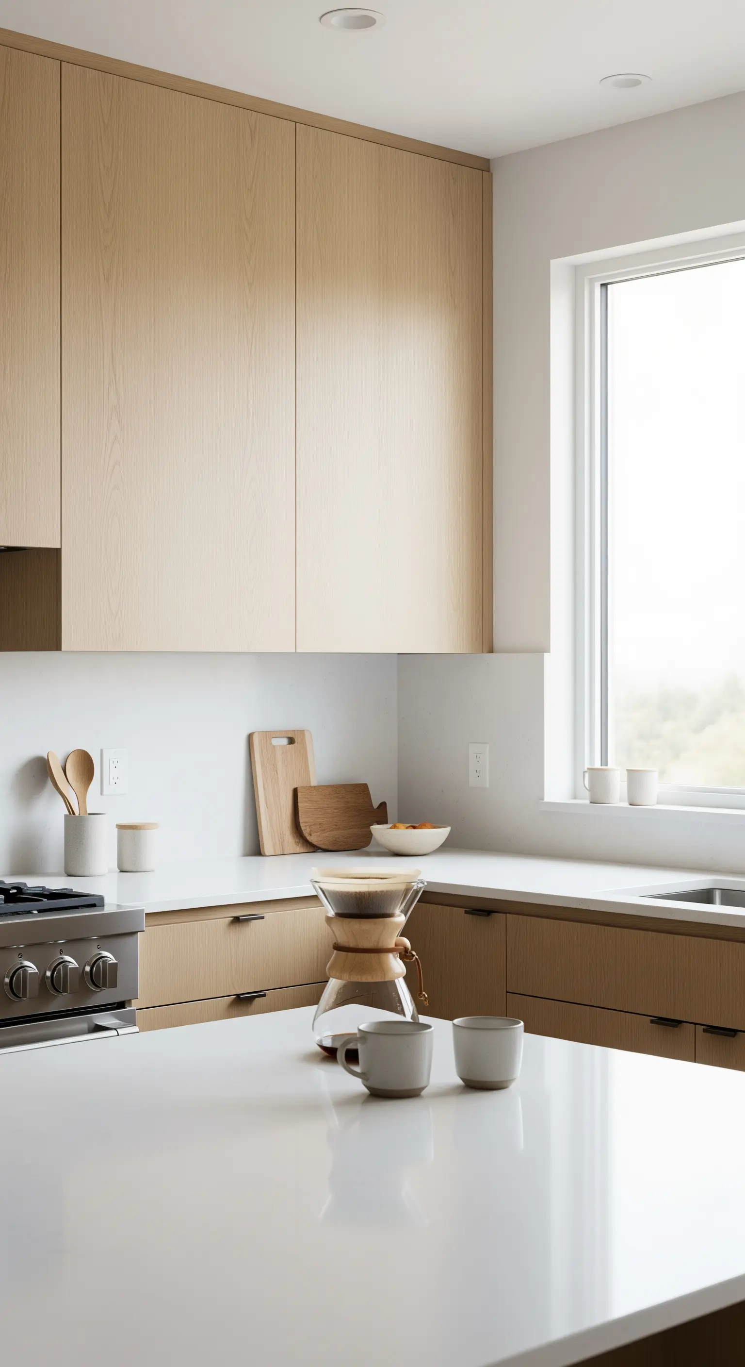 Eine aufgeräumte Küchenzeile, die das Kaffeekochen zu einem bewussten, visuellen Ritual macht.