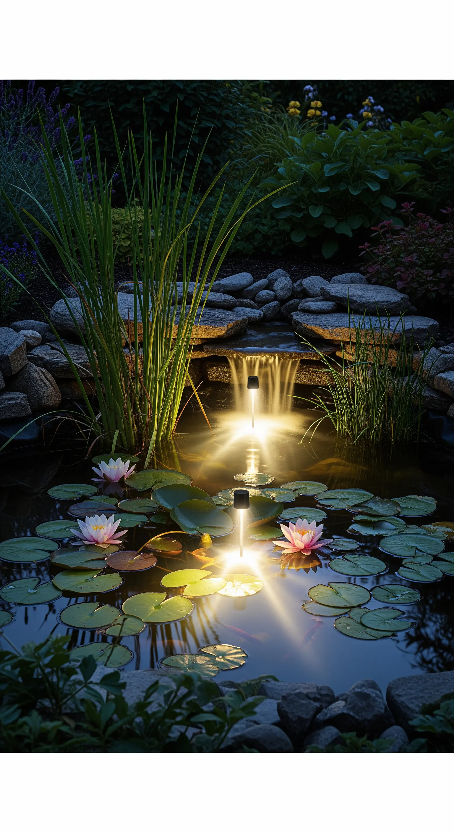 Ein Gartenteich mit Seerosen und Wasserfall, der von Unterwasser-LEDs stimmungsvoll beleuchtet wird.