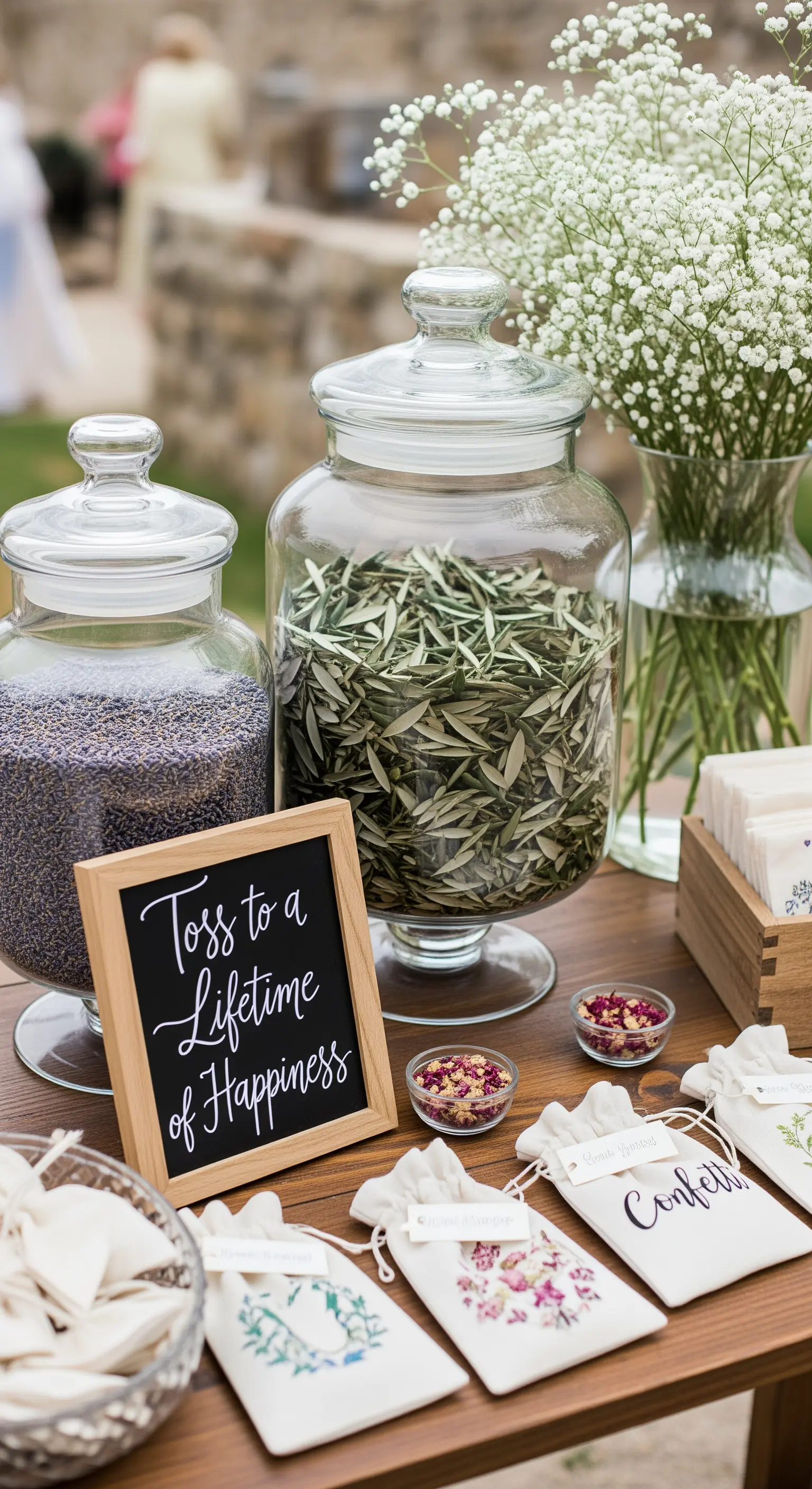 DIY-Konfetti-Bar mit großen Gläsern voll mit getrockneten Olivenblättern und Lavendelblüten