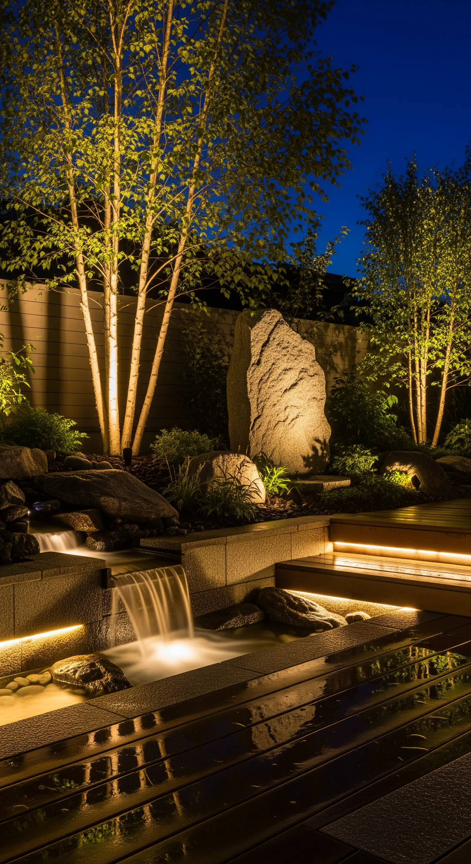 Garten bei Nacht mit warmer, strategischer Beleuchtung von Bäumen, Wasserfall und Treppen.