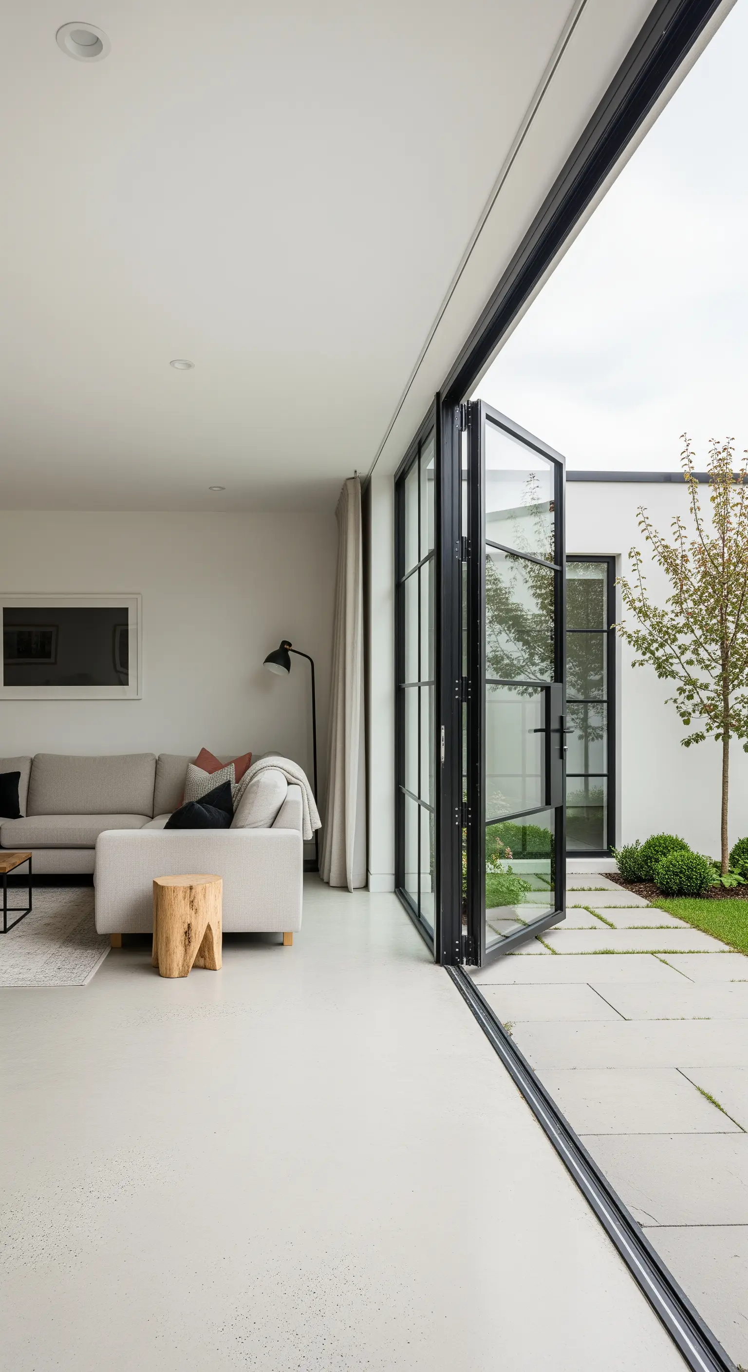 Offenes Wohnzimmer mit einer großen Glas-Falttür, die sich zu einer Terrasse hin öffnet.
