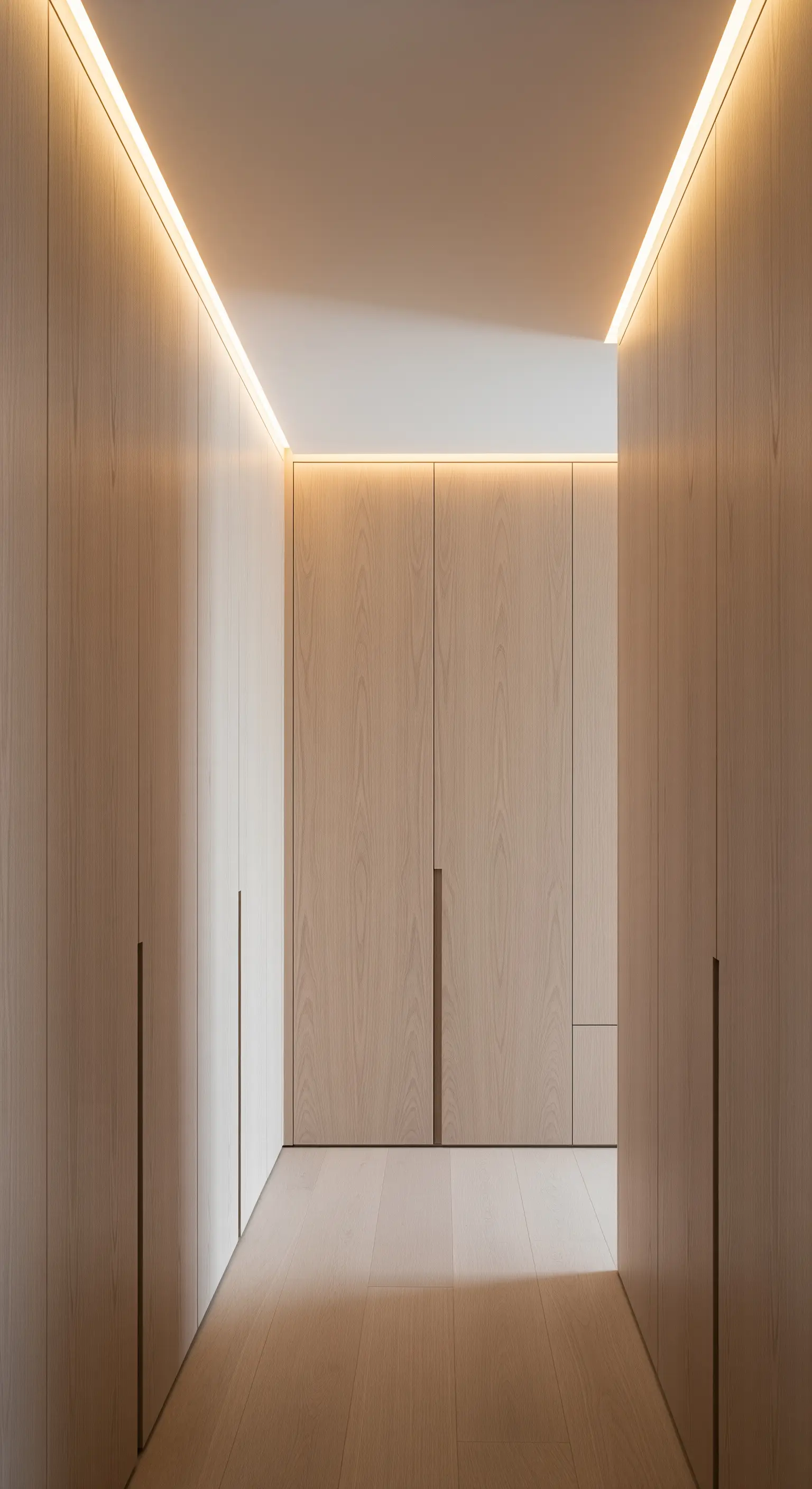 Flur komplett mit hellen Holzpaneelen verkleidet, inklusive unsichtbarer Türen und Deckenbeleuchtung.