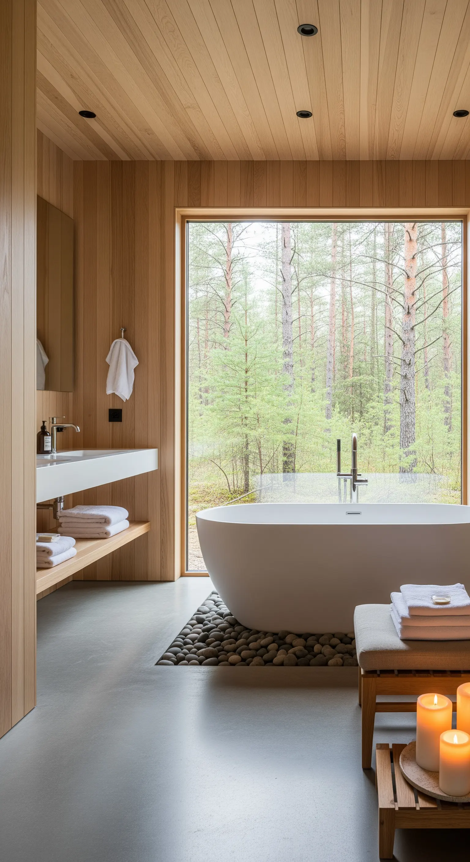 Skandinavisches Badezimmer mit Holzverkleidung, Kieselsteinen und Blick in den Wald.