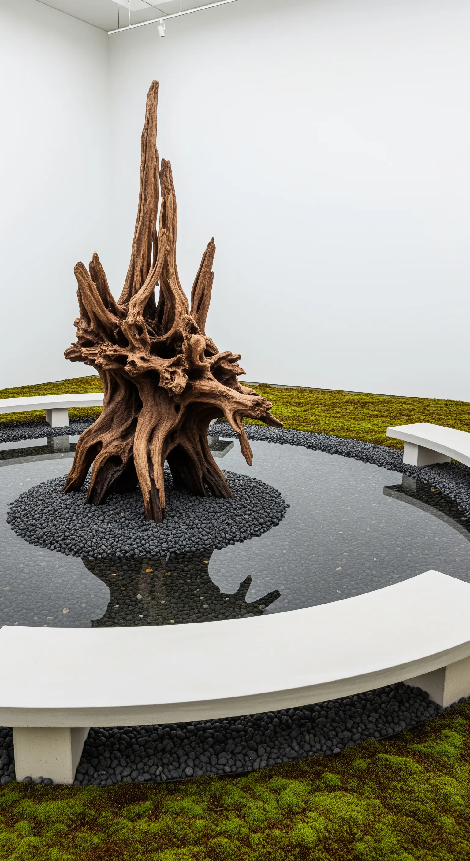 Große Treibholz-Skulptur in einem runden Wasserbecken mit Moos und einer weißen Betonbank.