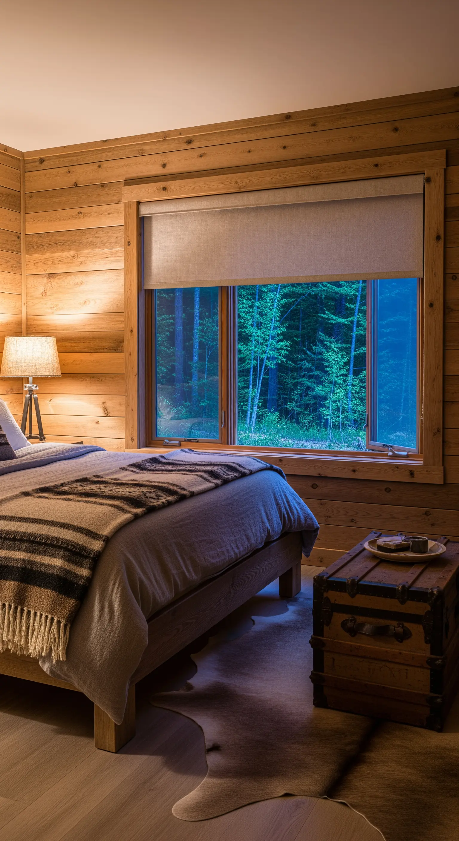 Rustikales Schlafzimmer mit Holzwänden und einem großen Fenster mit Blick auf den Wald.