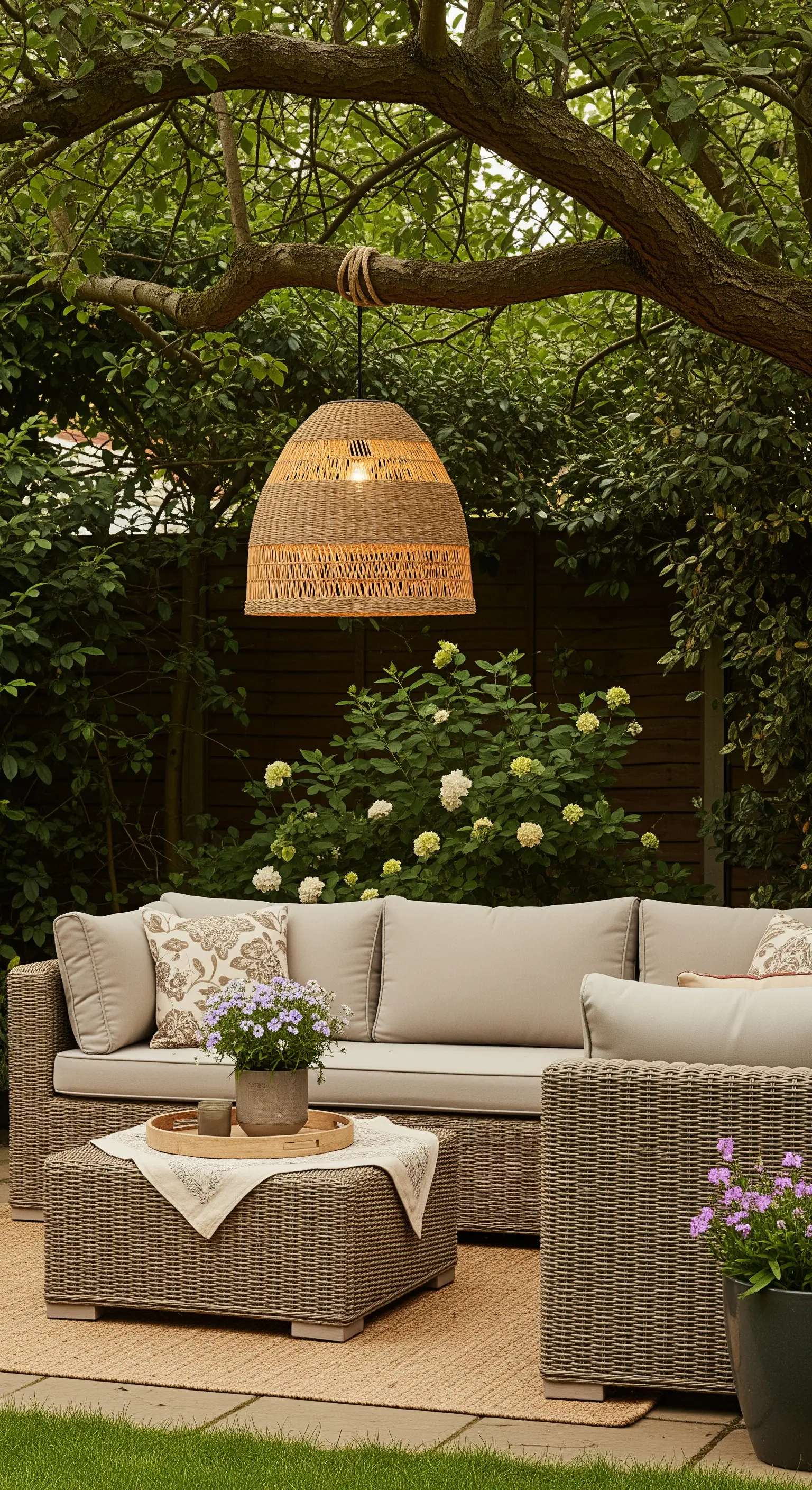 Eine große Pendelleuchte aus Rattan hängt von einem Ast über einer gemütlichen Outdoor-Sofalandschaft.