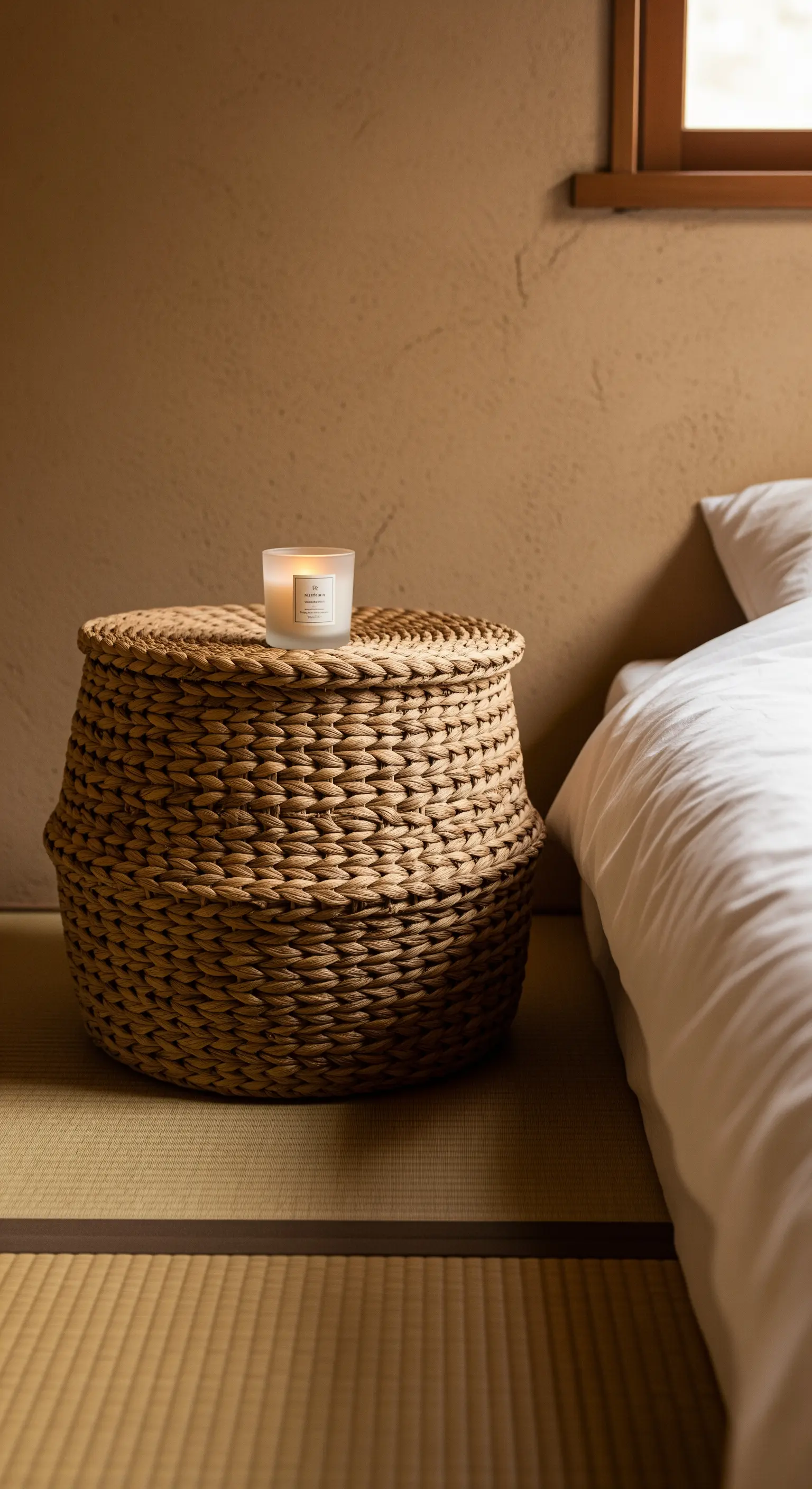 Runder, geflochtener Korb mit Deckel als Nachttisch in einem Japandi-Schlafzimmer.
