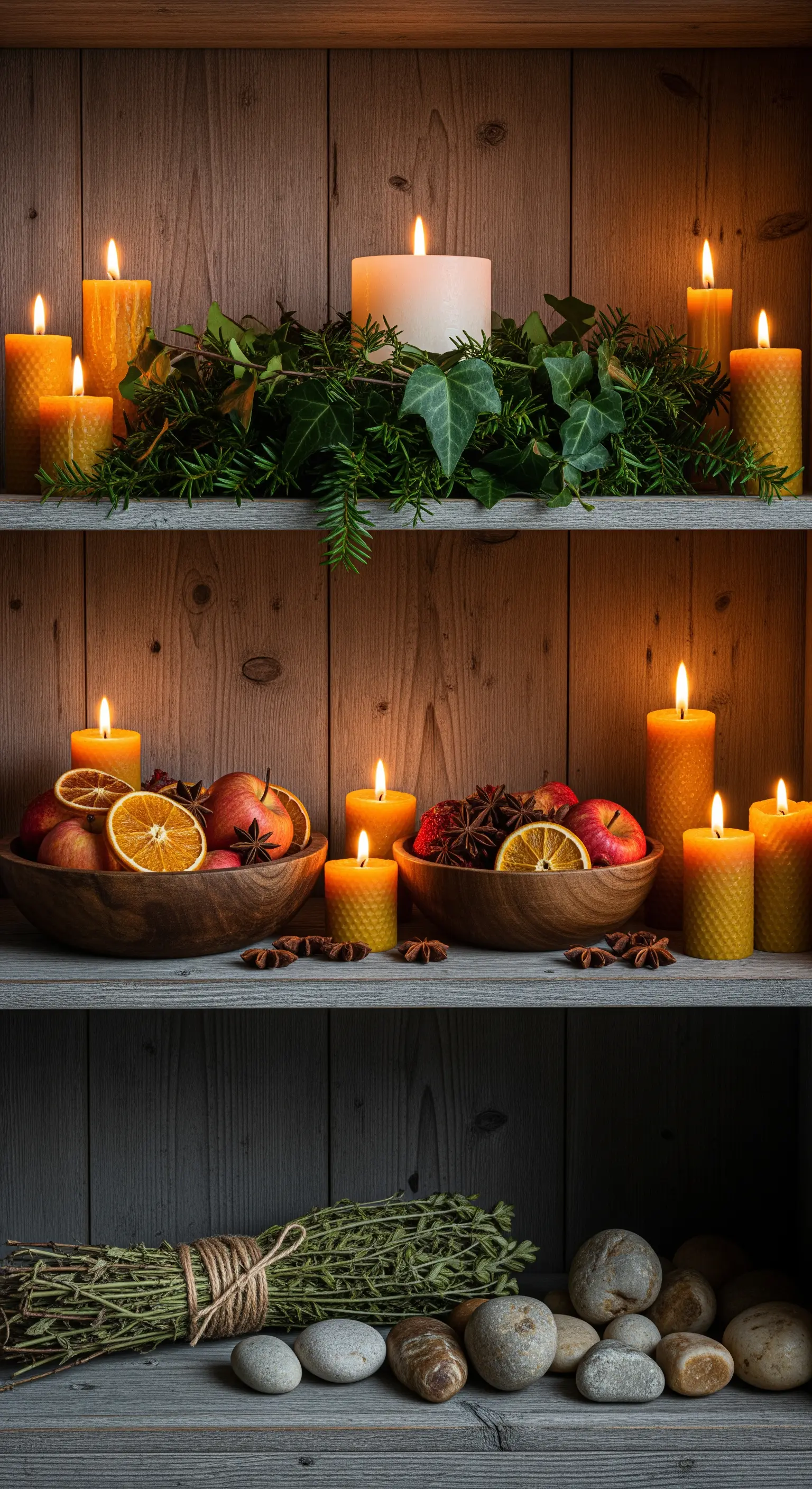 Rustikales Holzregal gefüllt mit Bienenwachskerzen, Äpfeln und getrockneten Kräutern
