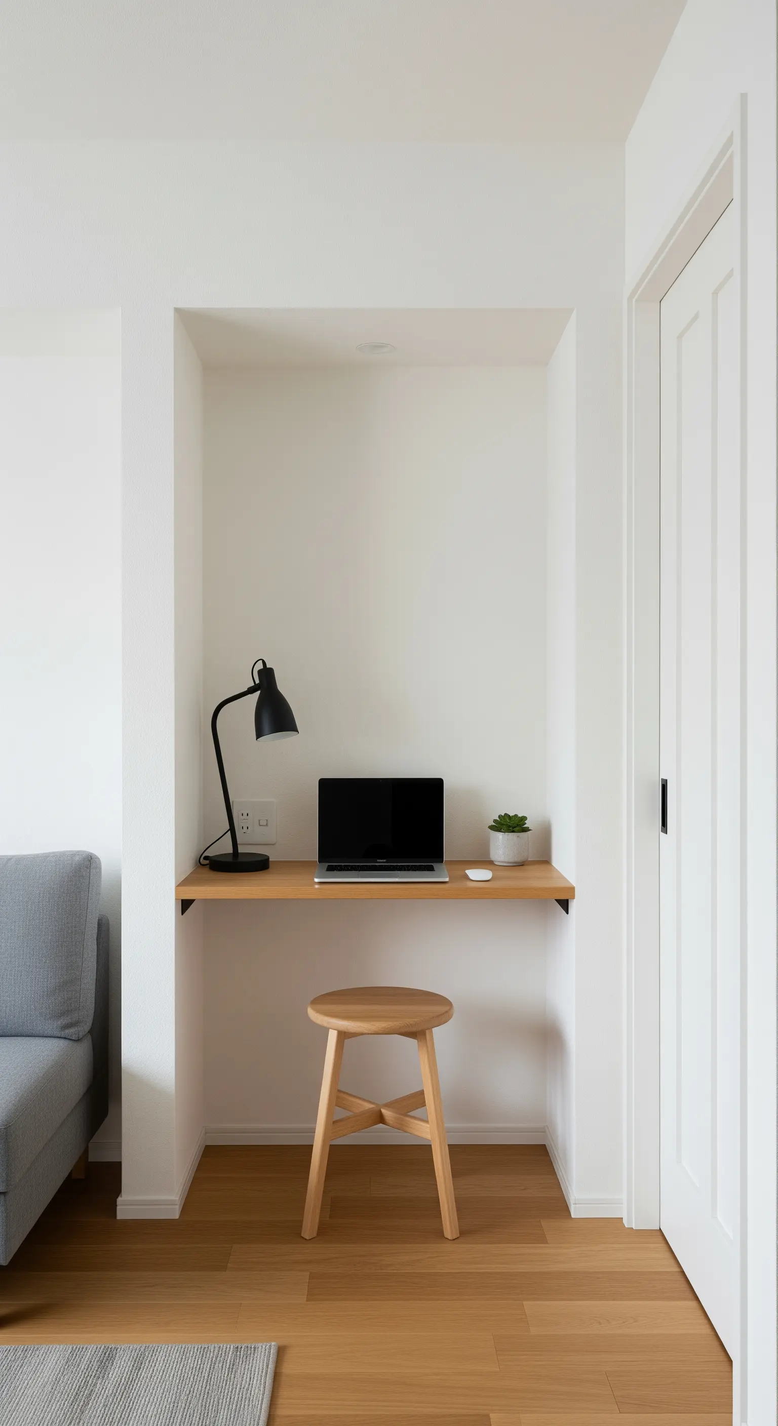 Ein kleiner Schreibtisch in eine Wandnische integriert als platzsparender Arbeitsbereich.